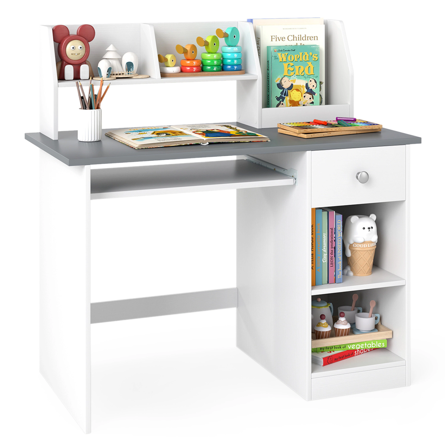 Hivvago Kids Study Desk Children Writing Table With Drawer Shelves And Keyboard Tray