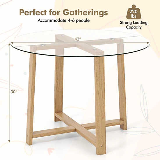 Hivvago Rubberwood Leg Round Dining Table with 42-Inch Tempered Glass Top