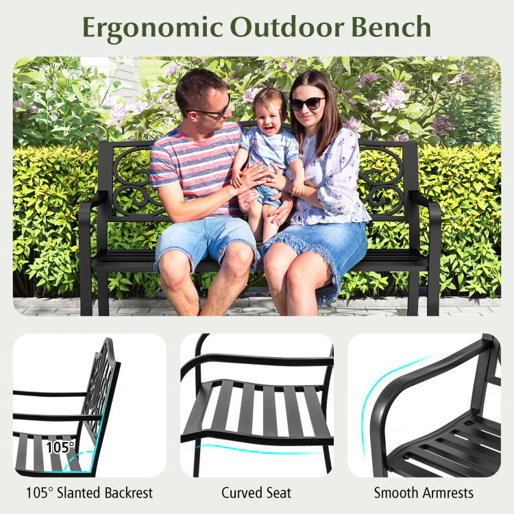 Hivvago 50 Inches Outdoor Garden Bench With Floral Design Backrest And Slatted Seat
