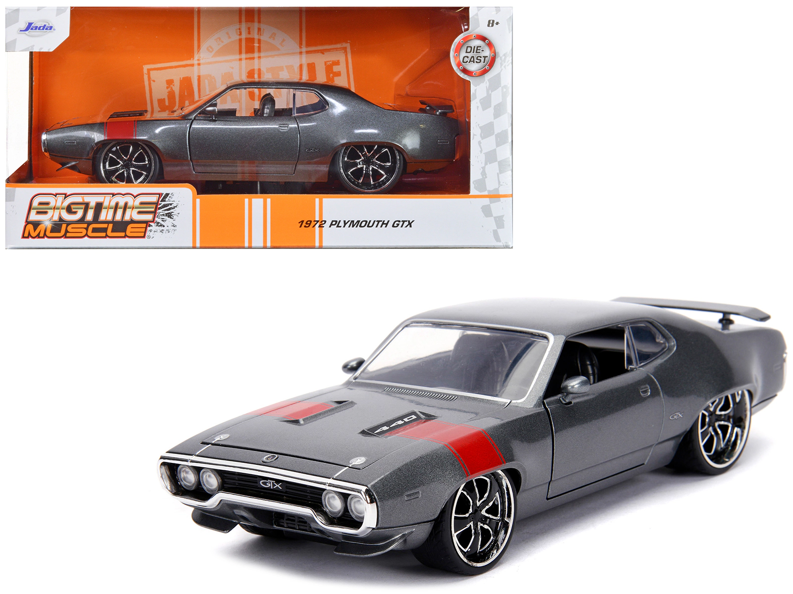 Jada 1972 Plymouth GTX 440 Metallic Gray with Red Stripe "Bigtime Muscle" 1/24 Diecast Model Car by Jada