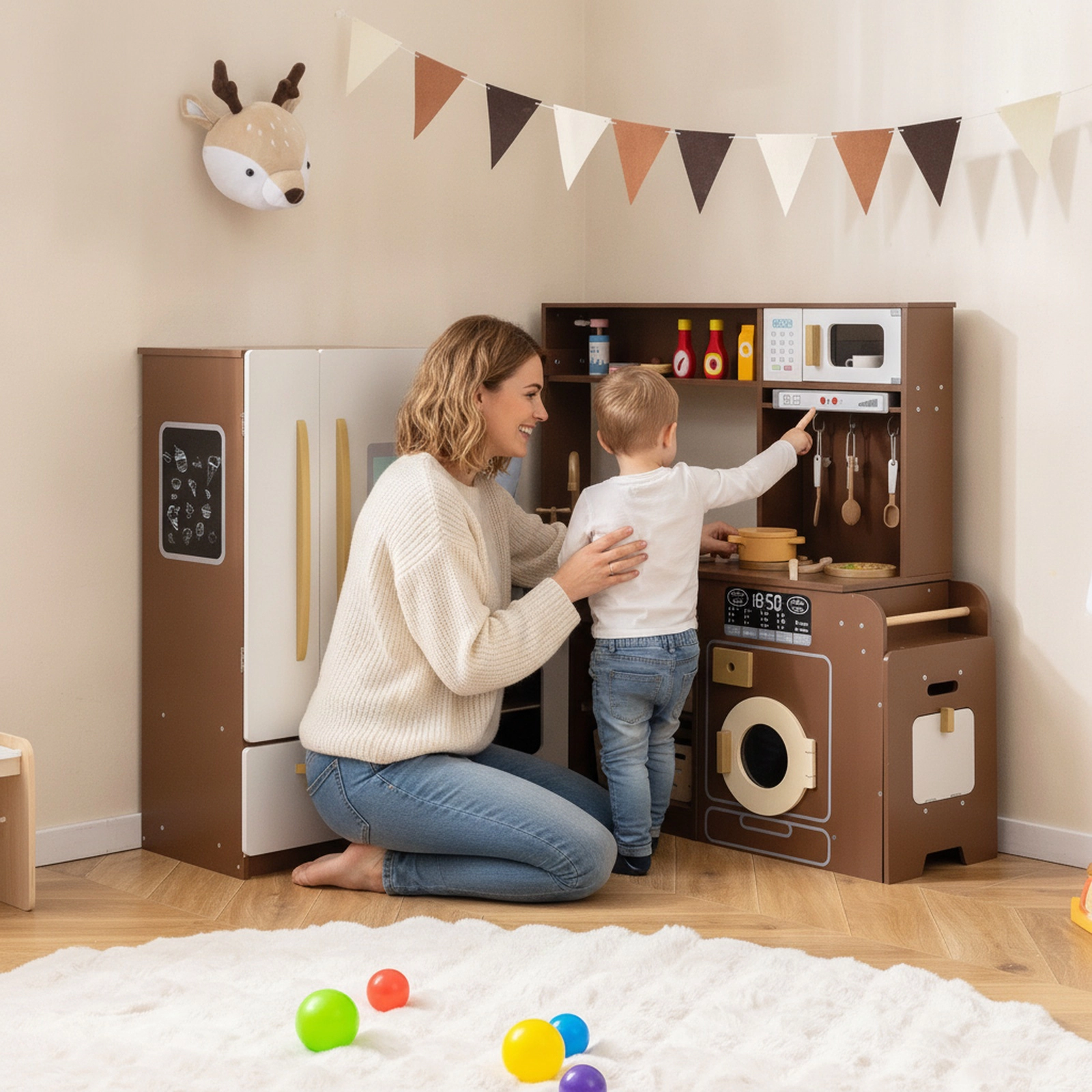 Corner Play Kitchen Double-Door Play Fridge Freezer Washing Machine 22-pc Accessories 40-in x 39.5-in x 37-in Brown