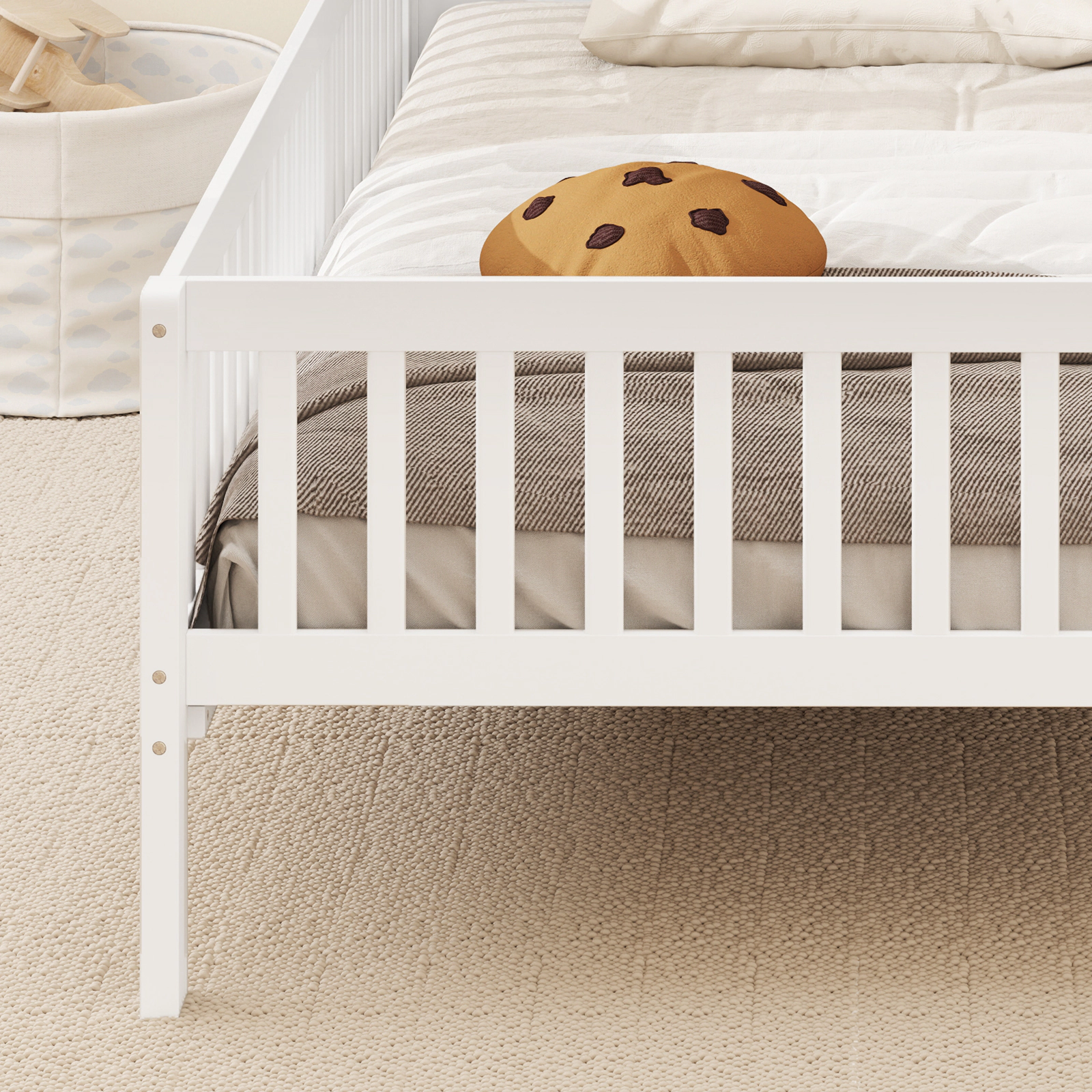 LJG Twin Size Kids Montessori Bed with House-Shaped Headboard and Built-in Storage Shelf