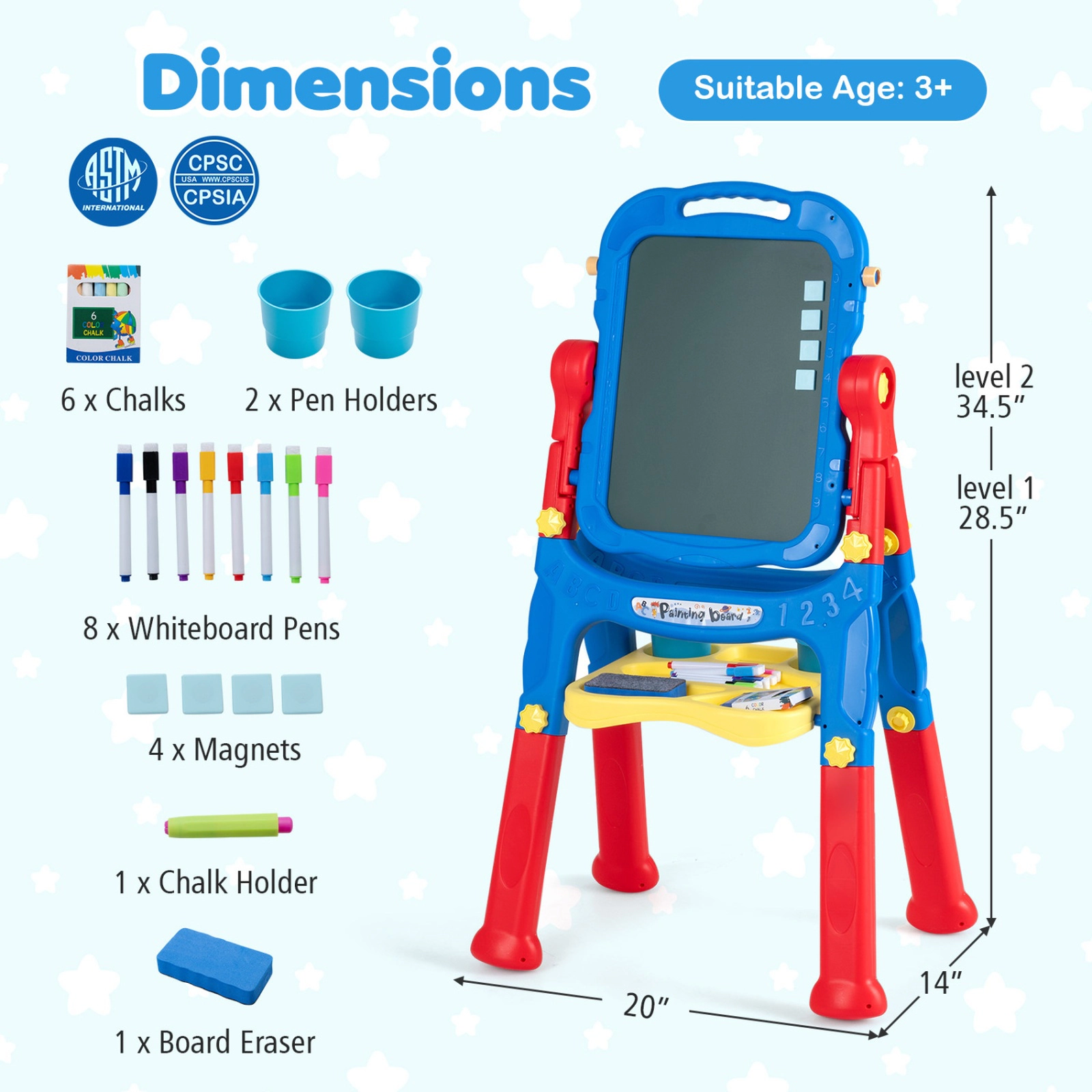 SUGIFT 4-in-1 Adjustable Height Art Easel for Kids Ages 3+ Blue & Red/Blue/Peach Fuzz