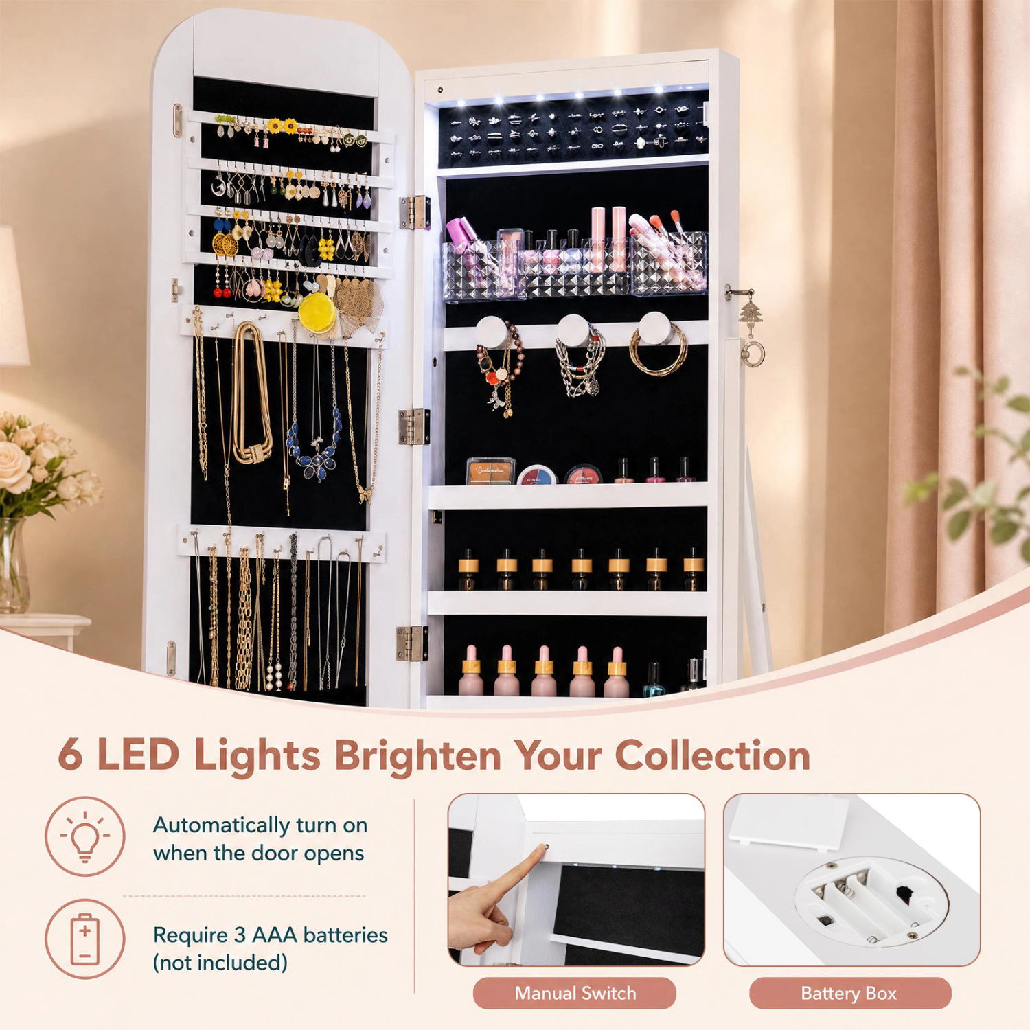 LJG Jewelry Cabinet with Full-Length Mirror Large Storage Capacity