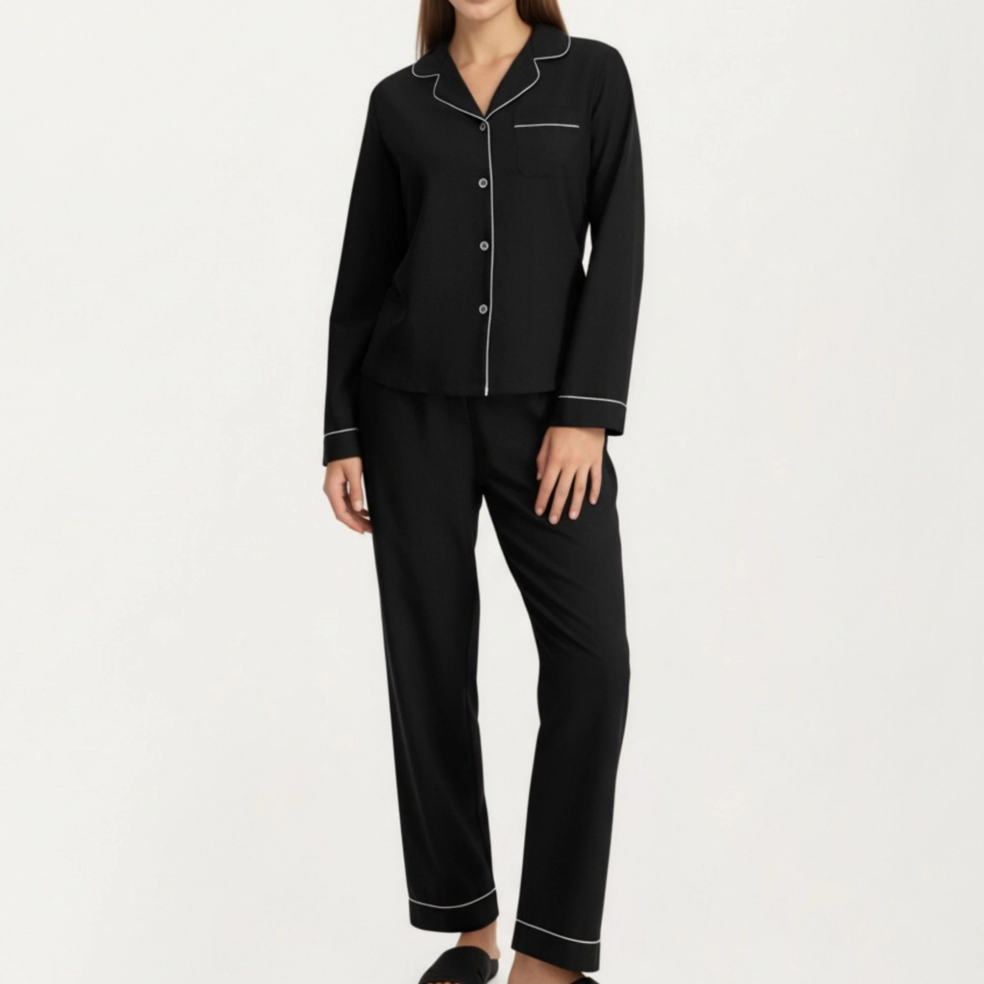 Anna-Kaci Women's Long Sleeve Pajama Set with Soft Notched Collar Button Front Top and Relaxed Straight Leg Pants