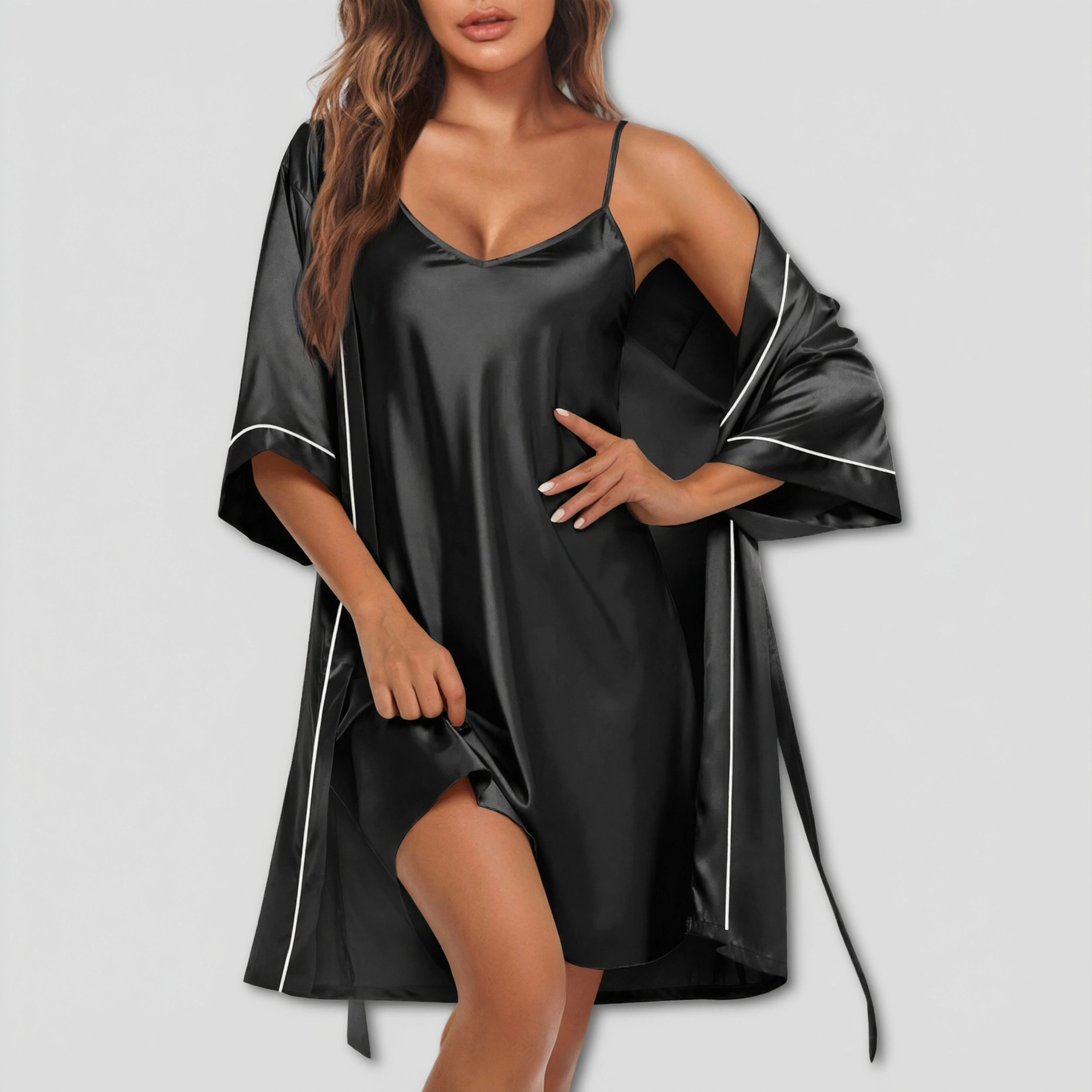Ekouaer Women Satin Robe Two Piece Set Nightgown with Bridal Party Bathrobe Nightwear
