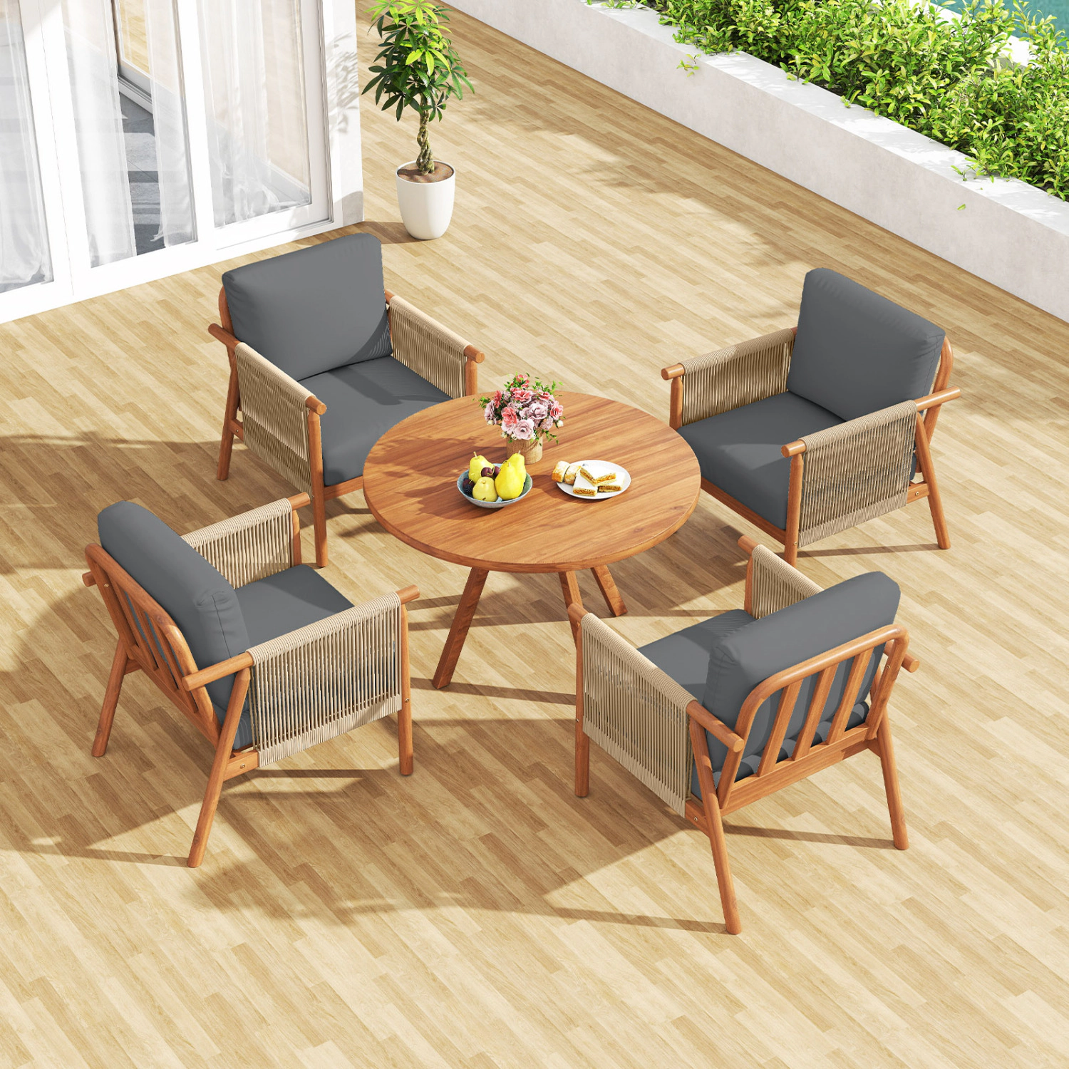 LJG Patio Acacia Wood Chair with Woven Rope Armrests and Seat Back Cushions for Backyard