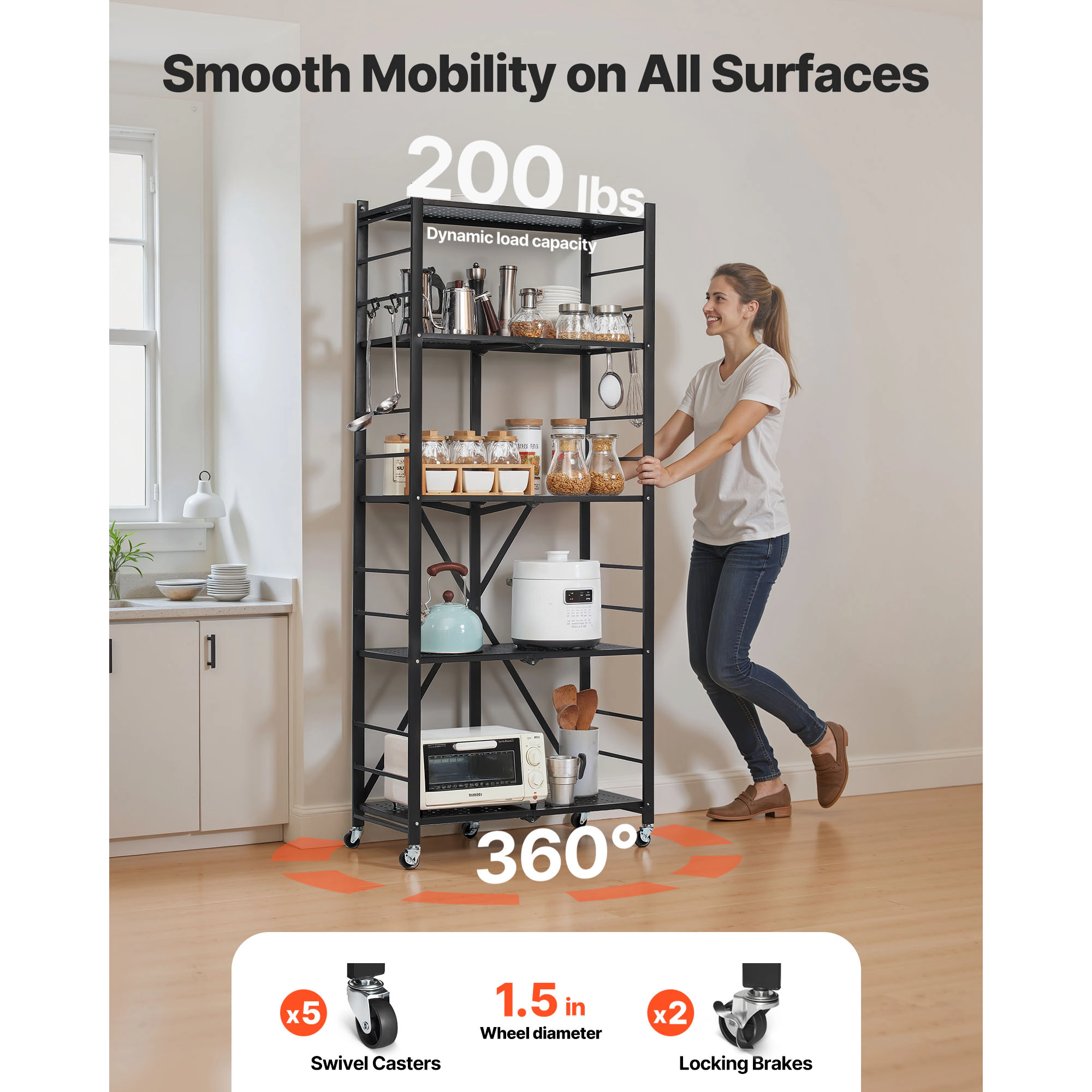 HONGGE Foldable Storage Shelf Folding Metal Rack Shelving Unit No Assembly Organizer Shelf with 5 Wheels & 4 Hooks for