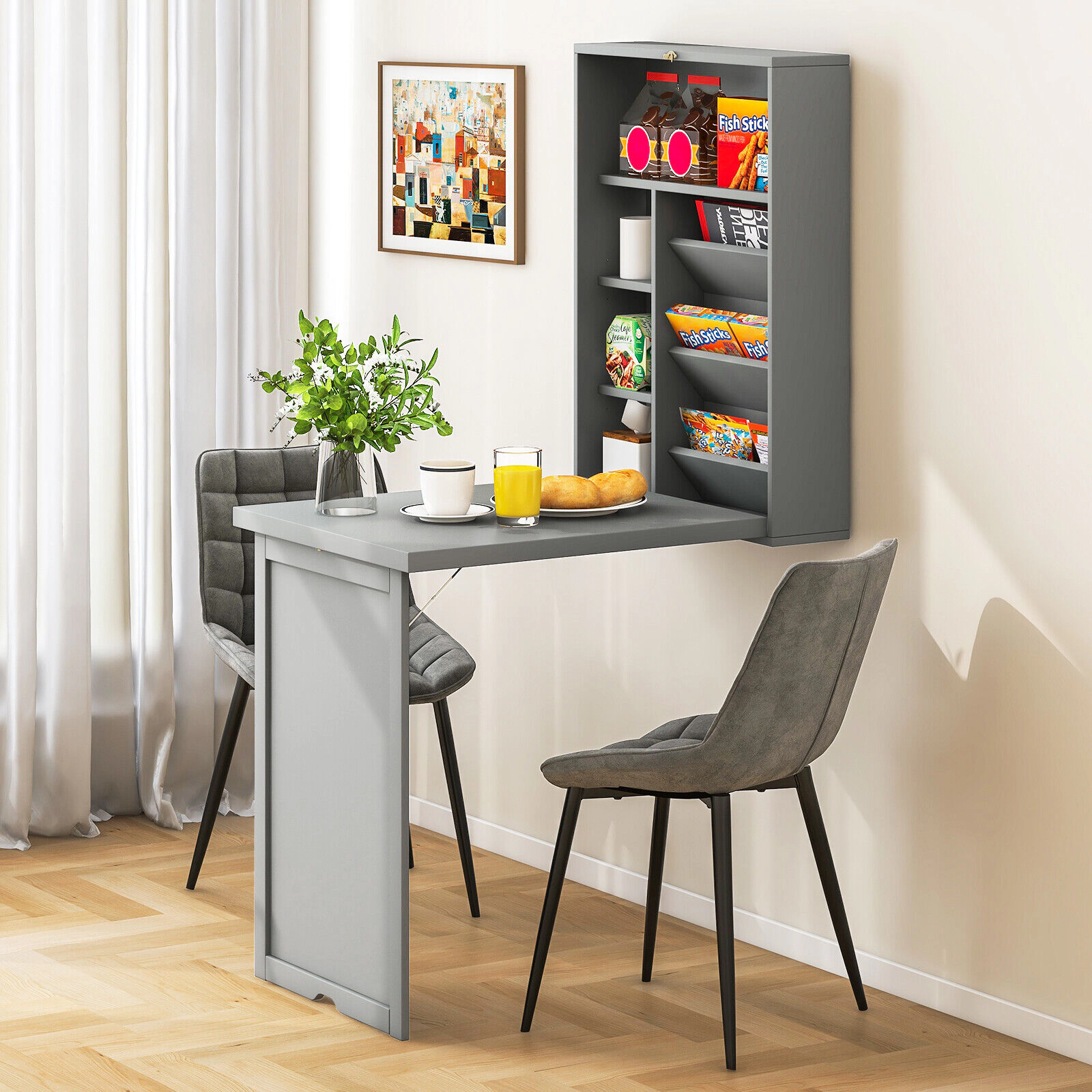 SUGIFT 36-in Wall Mounted Fold-Out Convertible Floating Desk with Adjustable Shelves and Storage