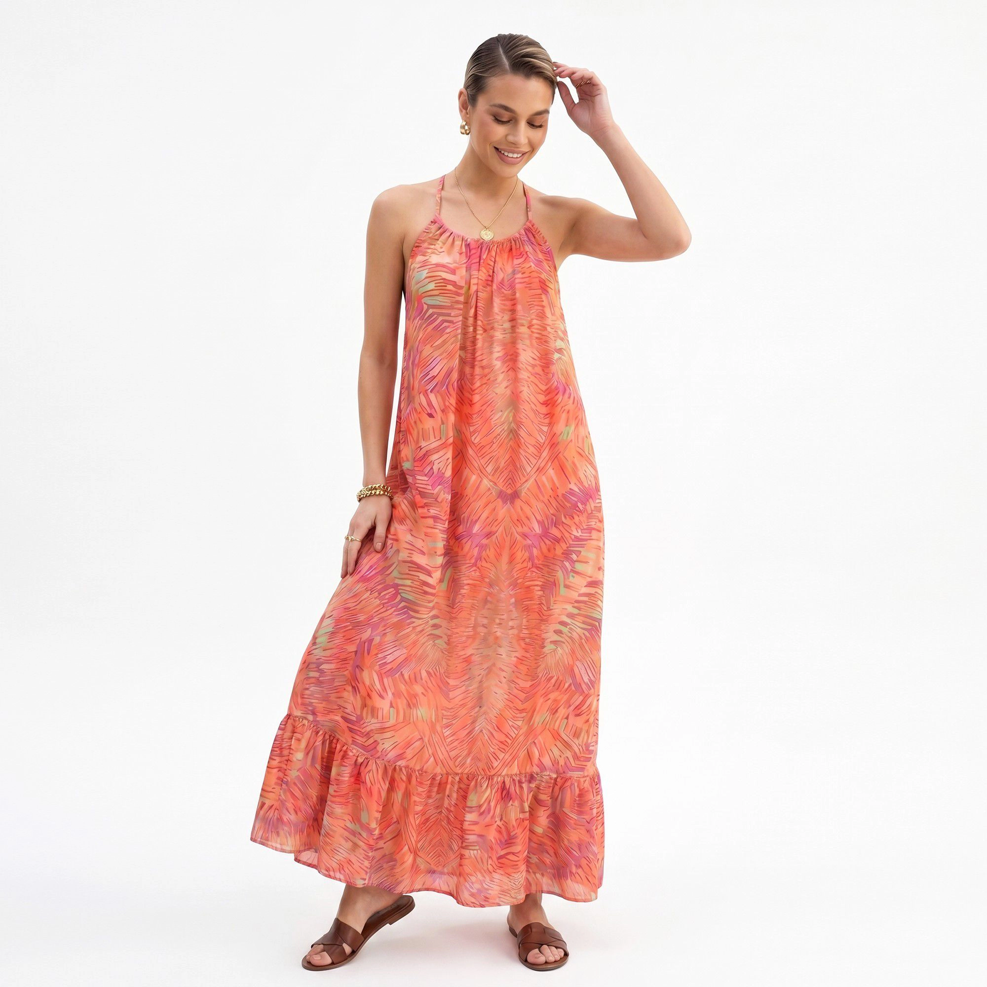 Anna-Kaci Women's Halter Open Back Tie Ruffle Hem Maxi Dress