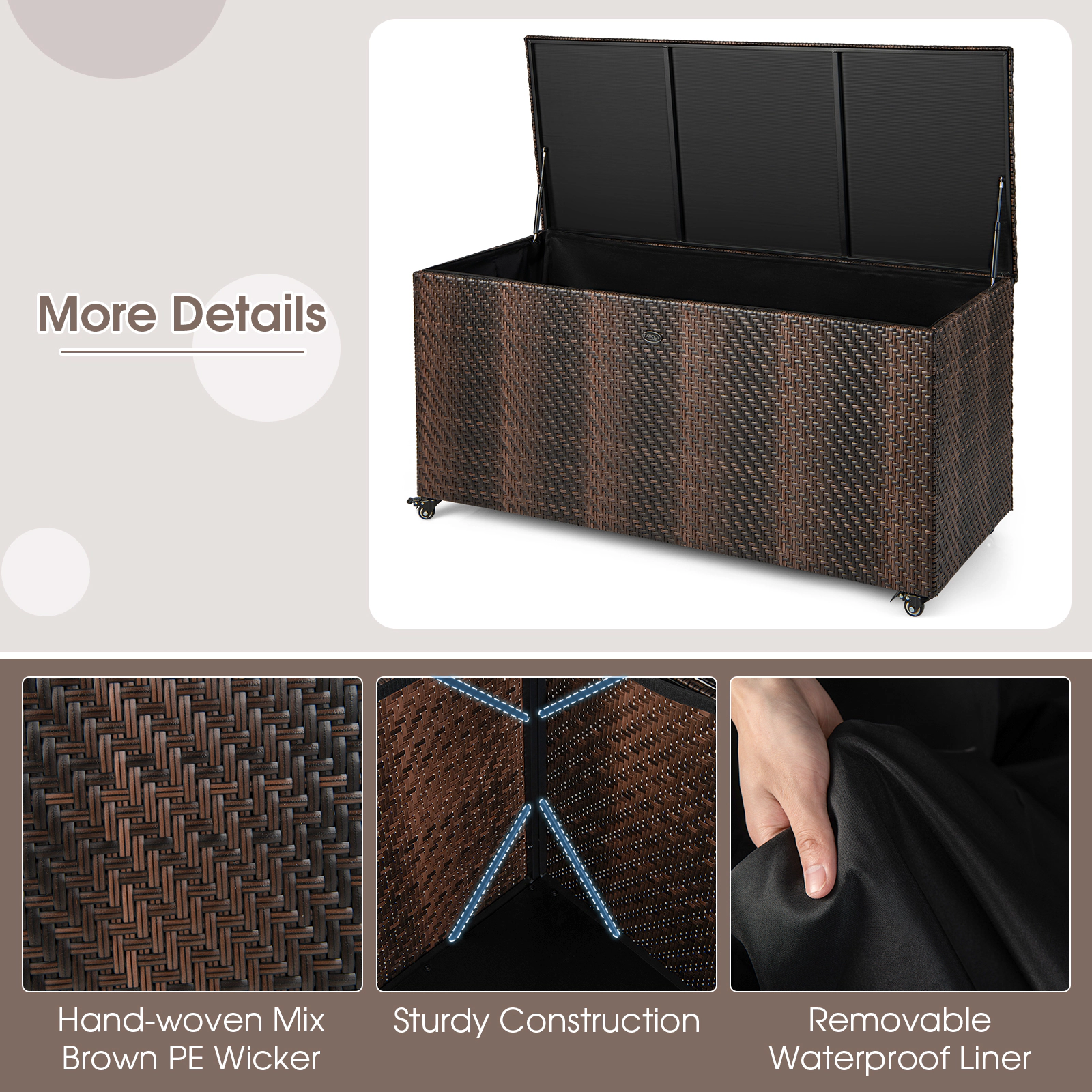 SUGIFT 96 Gallon PE Wicker Outdoor Storage Box with Waterproof Liner and Gas Strut 52-in Frame with 4 Wheels Mix Brown