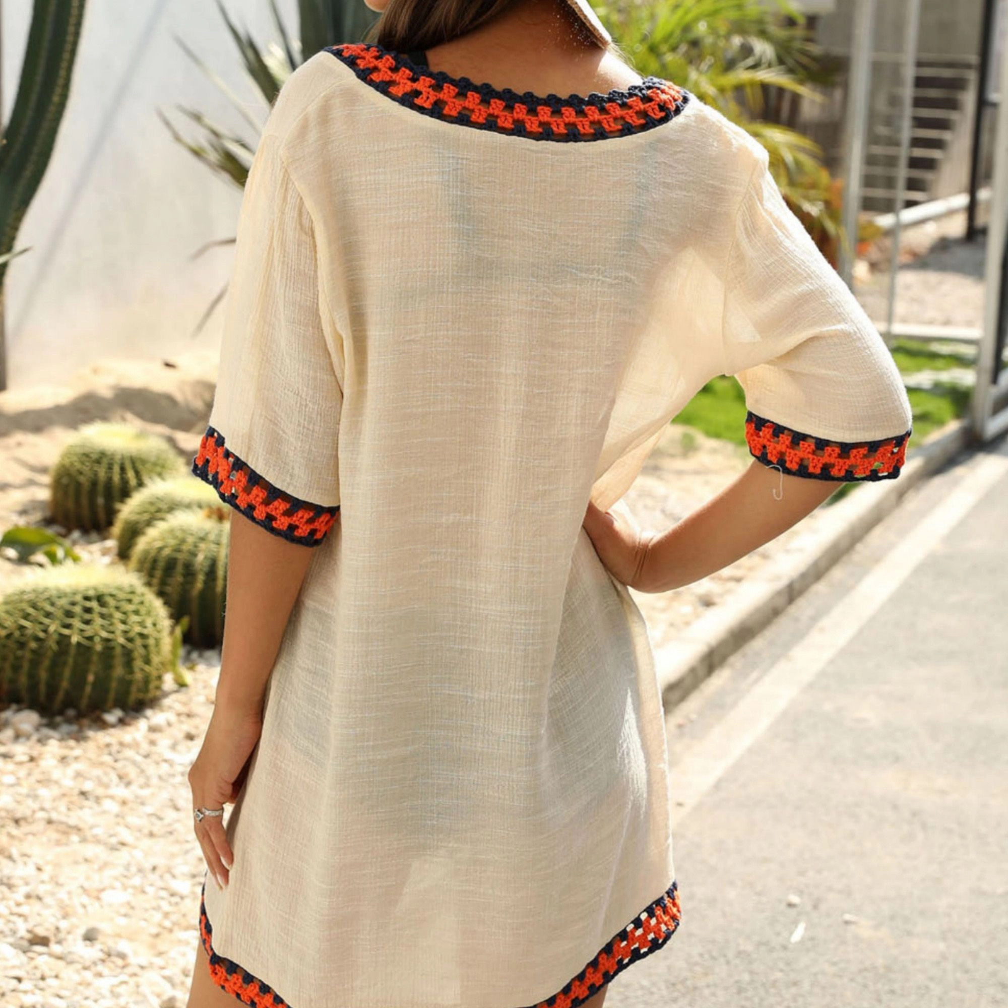 Anna-Kaci Women's Woven Crochet Trim Off-Shoulder Beach Cover-Up Dress