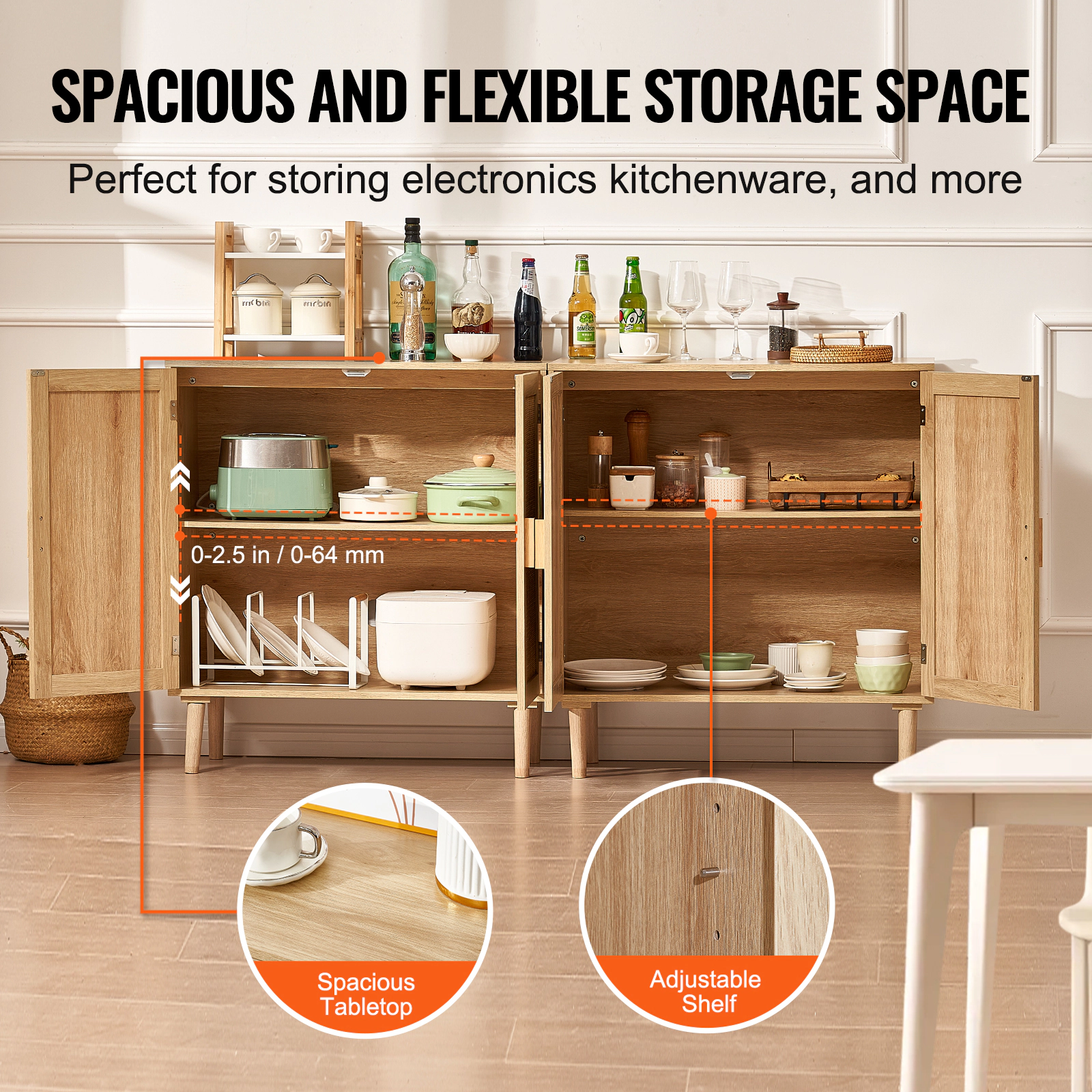 HONGGE Rattan Cabinet Rattan Storage Cabinet with Magnetic Doors and Adjustable Shelves Sideboard Buffet Cabinet for