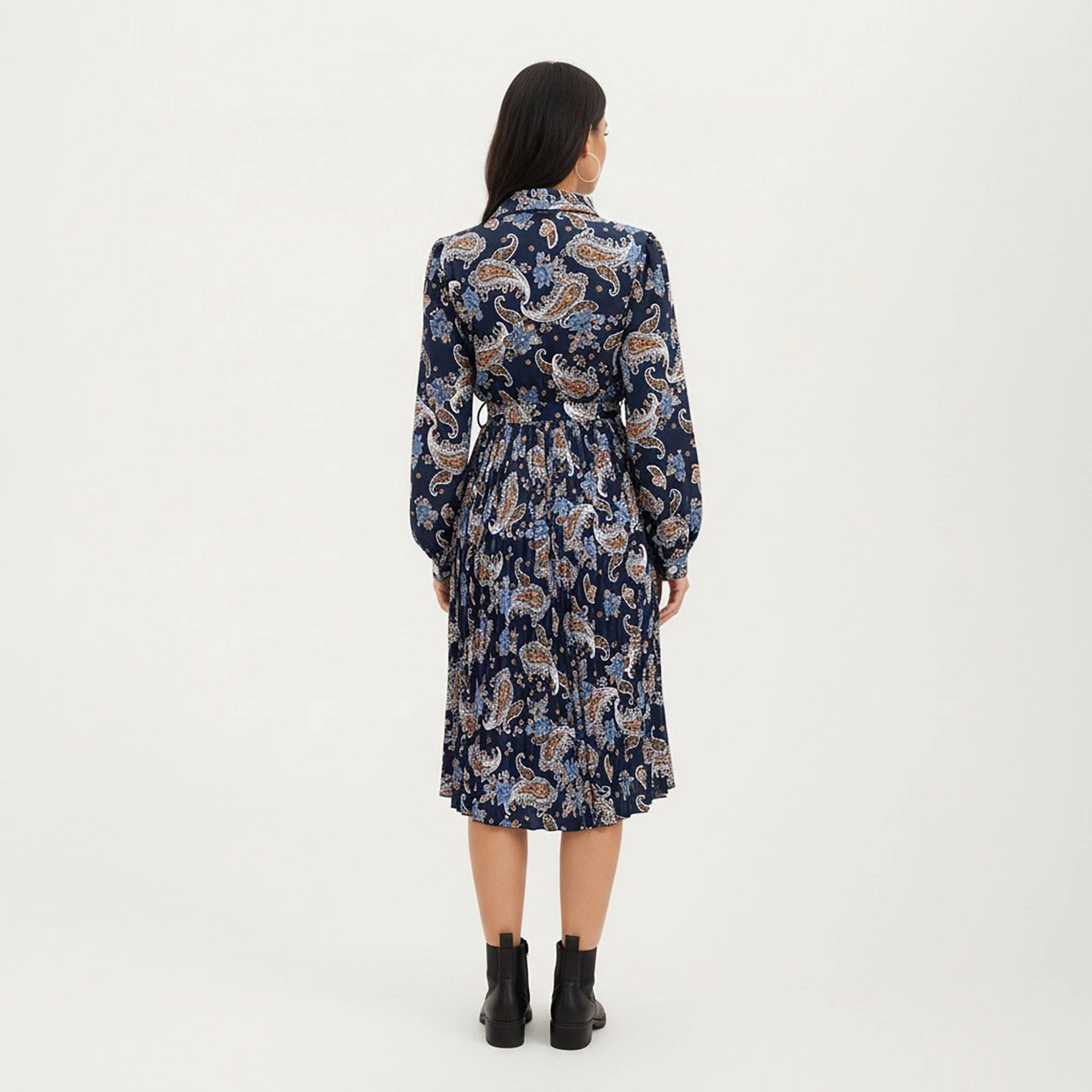 Anna-Kaci Women's Paisley Print Pleated Tie Waist Long Sleeve Shirt Dress
