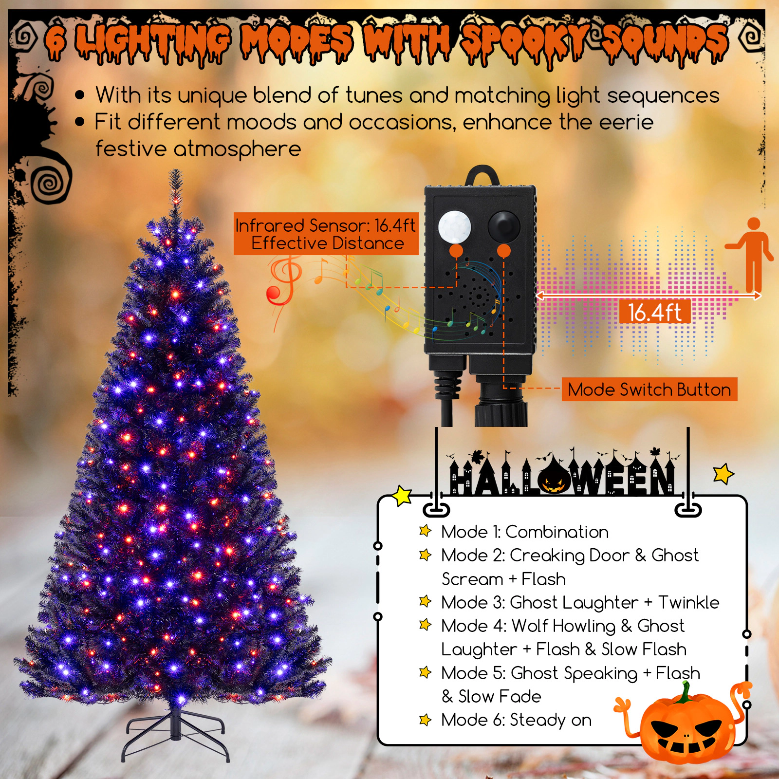 SUGIFT 7 ft Black Halloween Tree Pre-Lit Artificial Tree with 380 LED Lights Sounds and Sensor