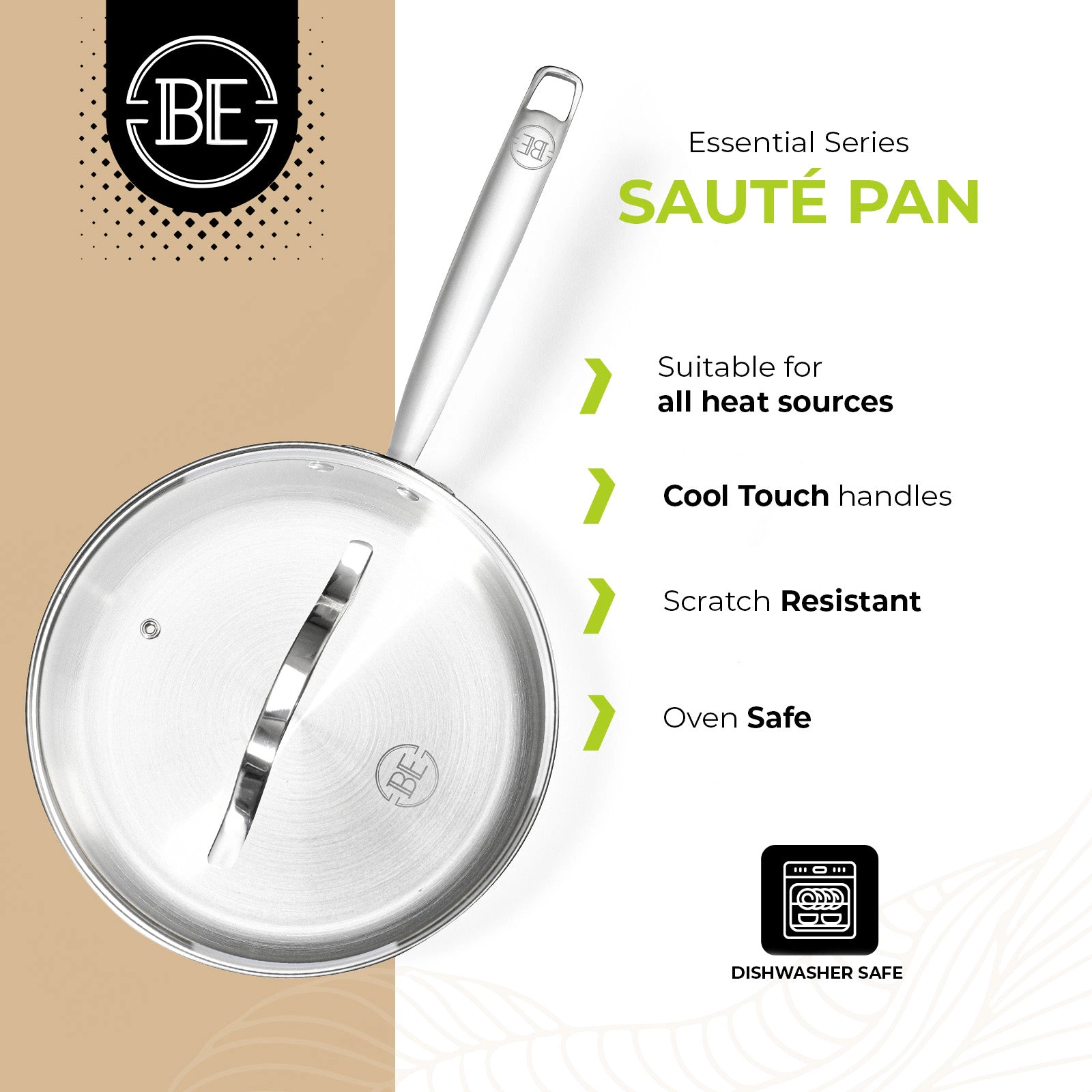 BE - LIVING Essential Series PFAS- free Tri-Ply Stainless Steel Sauté Pan with Lid 9.5"