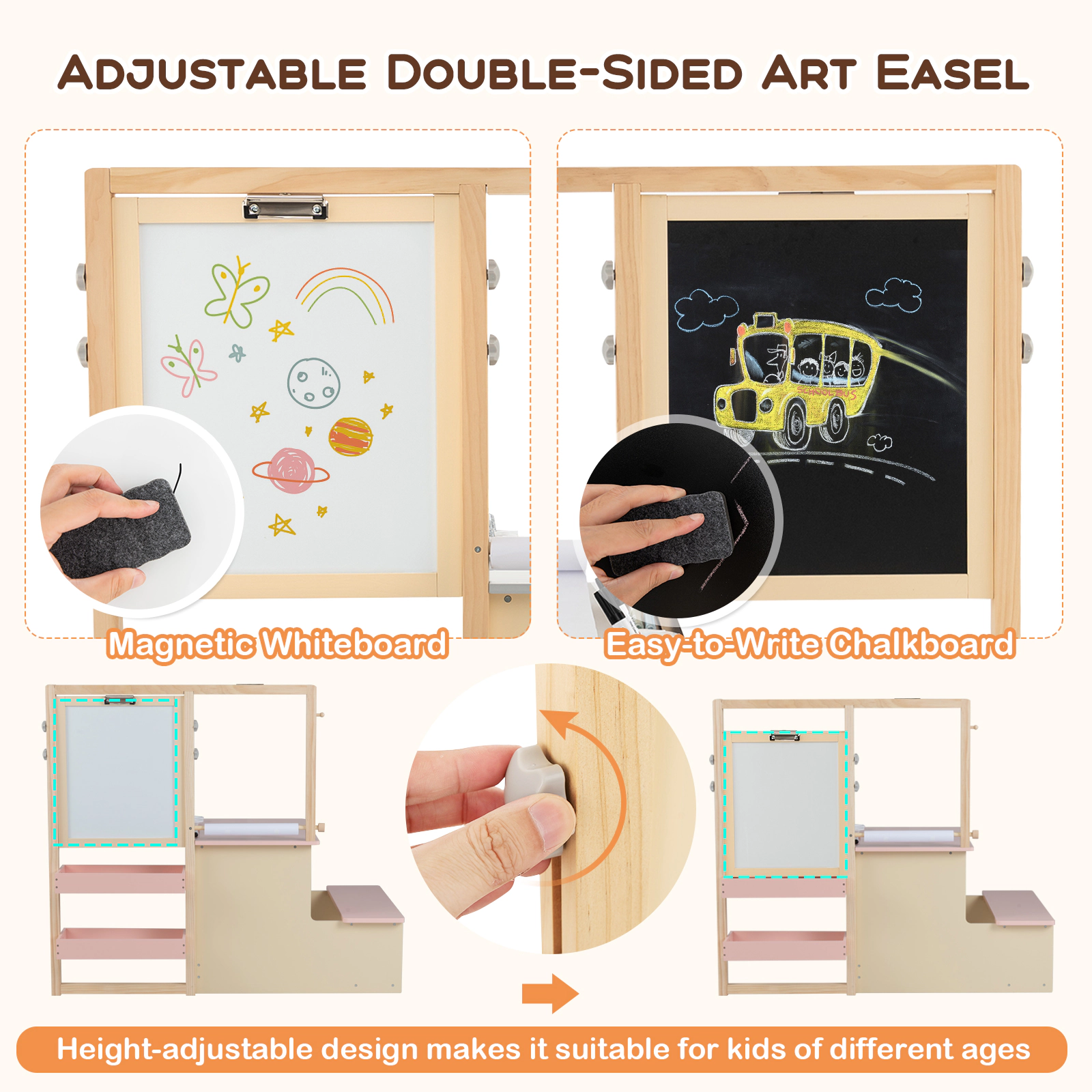 SUGIFT Pink Double-Sided Easel and Paper Roll Kids Art Center Wooden Table and Bench Set