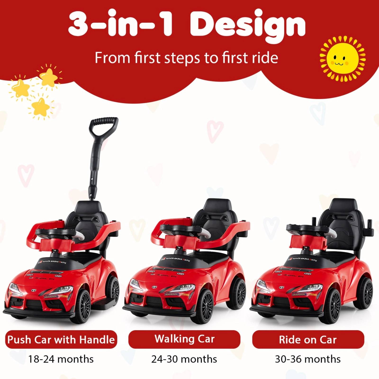 SUGIFT Red Toddler 3-in-1 Ride-On Push Car with Licensed Toyota Body Sliding and Walking Modes 44-lb Rider