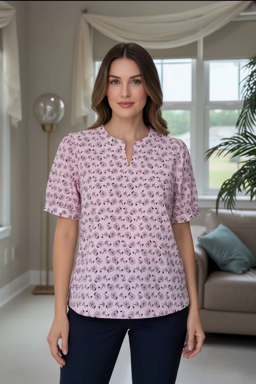 DressAtR Women's Floral V Split Round Stand Neck Pullover Elbow Sleeve Blouse