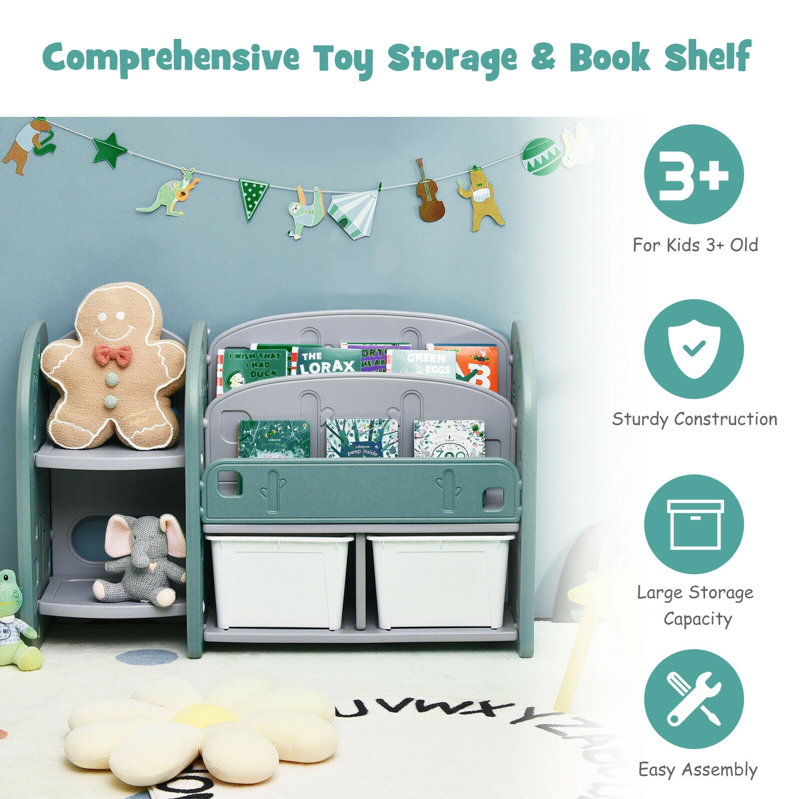 SUGIFT Kids 2-Tier 2 Open Shelves 2 Detachable Bins HDPE Toy Storage Bookshelf 46.5-in x 14-in x 30-in Ages 3+ Green