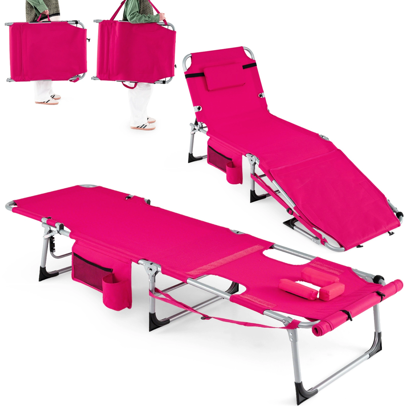SUGIFT Set of 2 Portable Tanning Lounge Chairs Face & Arm Holes 330-Lb Capacity 4-Level Backrest 76.5-in Lounge Pink