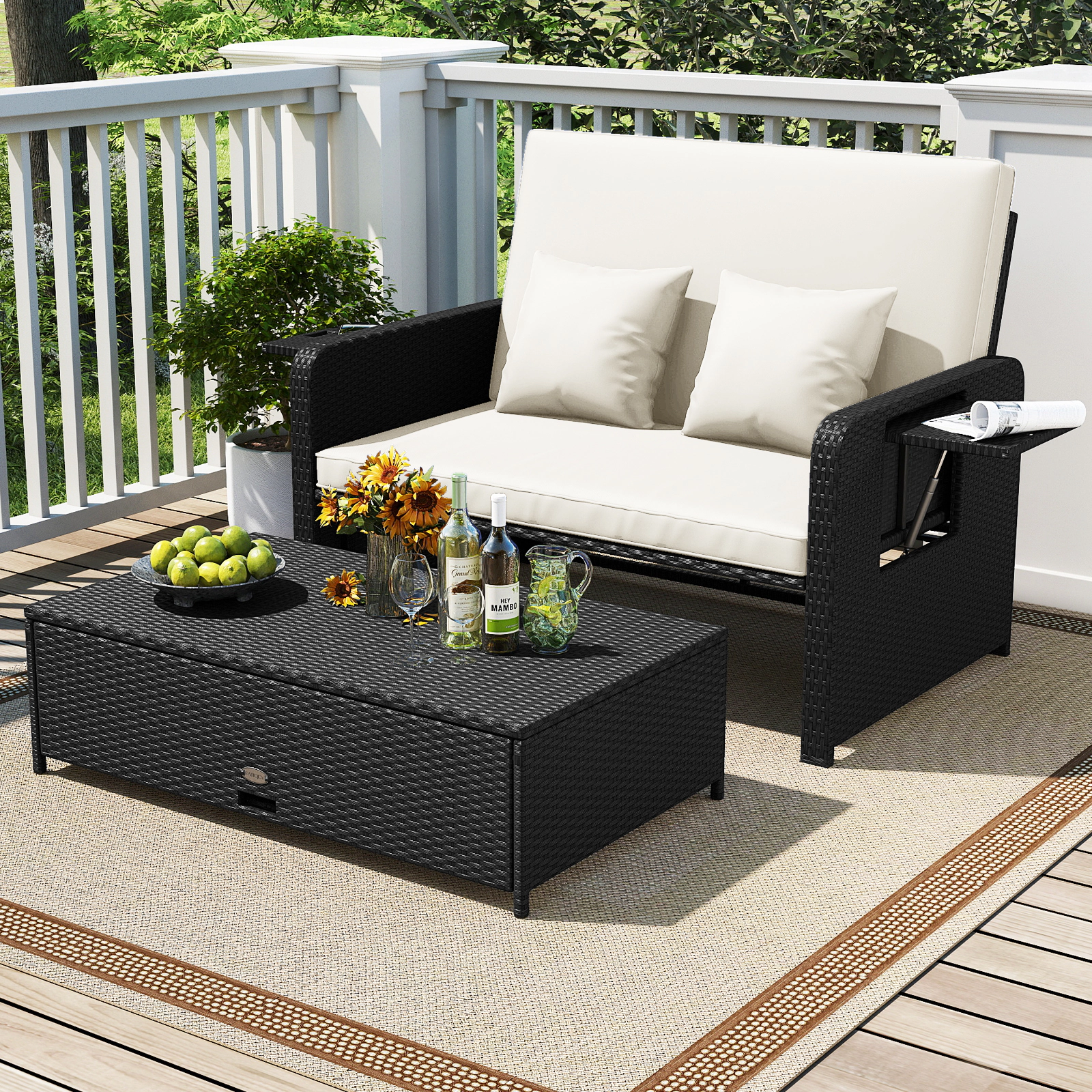 SUGIFT White 4-Level Adjustable Backrest and Storage Ottoman PE Wicker Outdoor Daybed