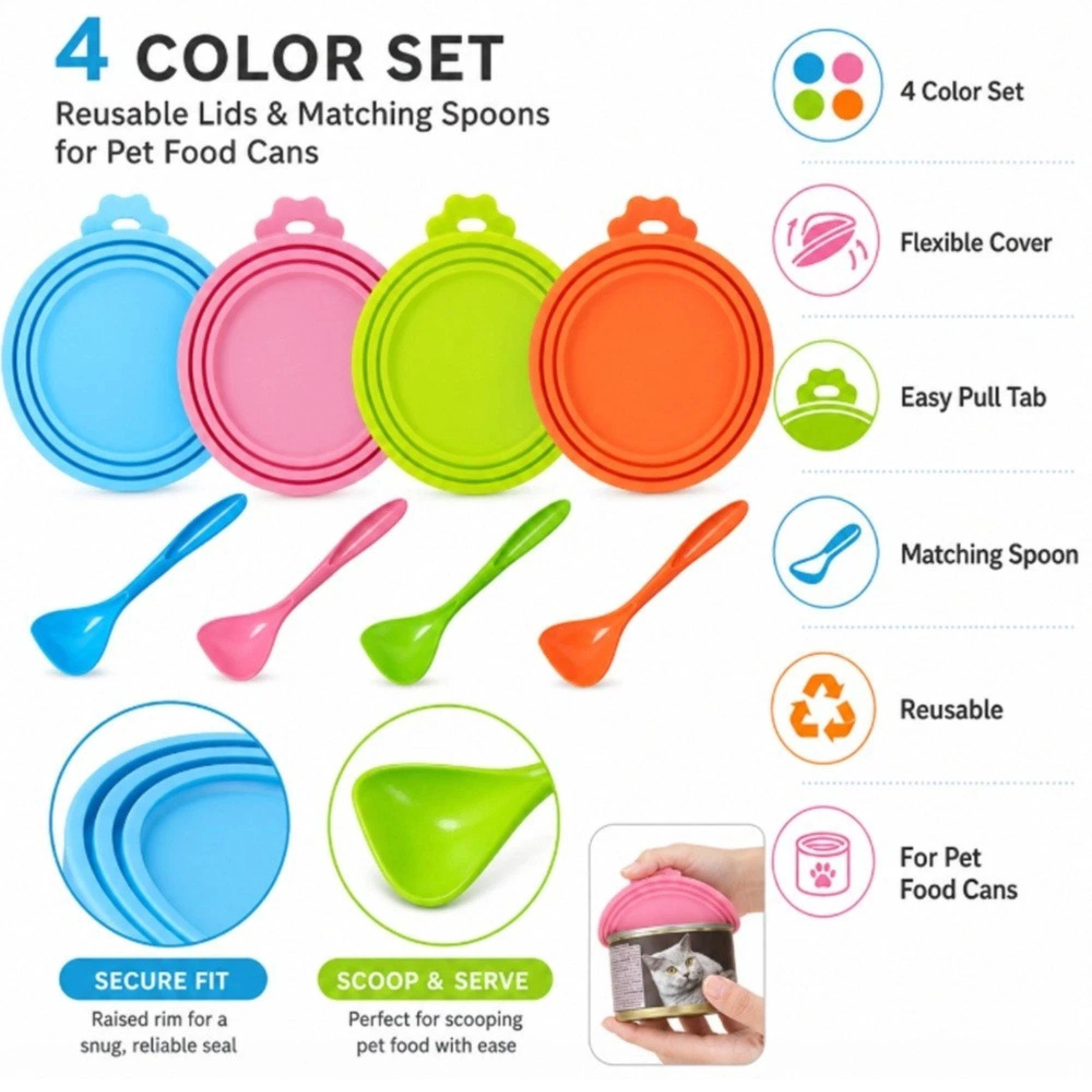 Home Collection Pack of 4 Silicone Pet Food Can Covers with Feeding Spoon