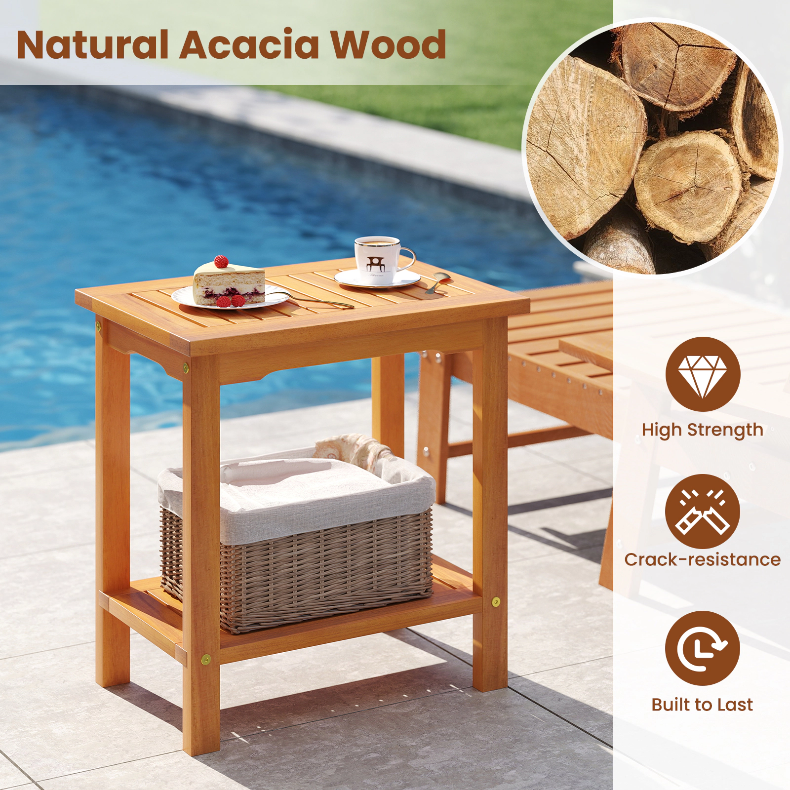 SUGIFT 19.5 in Outdoor Side Table Acacia Wood 2-Tier with Slatted Top and Storage Shelf