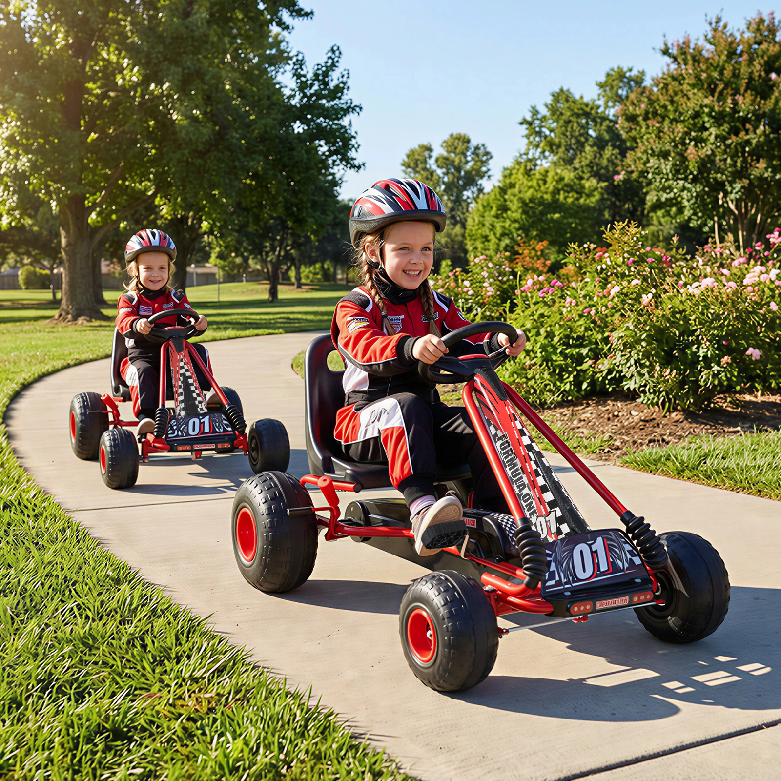 SUGIFT Kids Pedal Go Kart Red 4 Wheels with Adjustable Seat and Multi-Terrain Wheels
