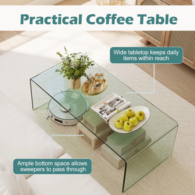 Glintex 42.5-Inch Clear Tempered Glass Coffee Table with Rounded Edges, Transparent