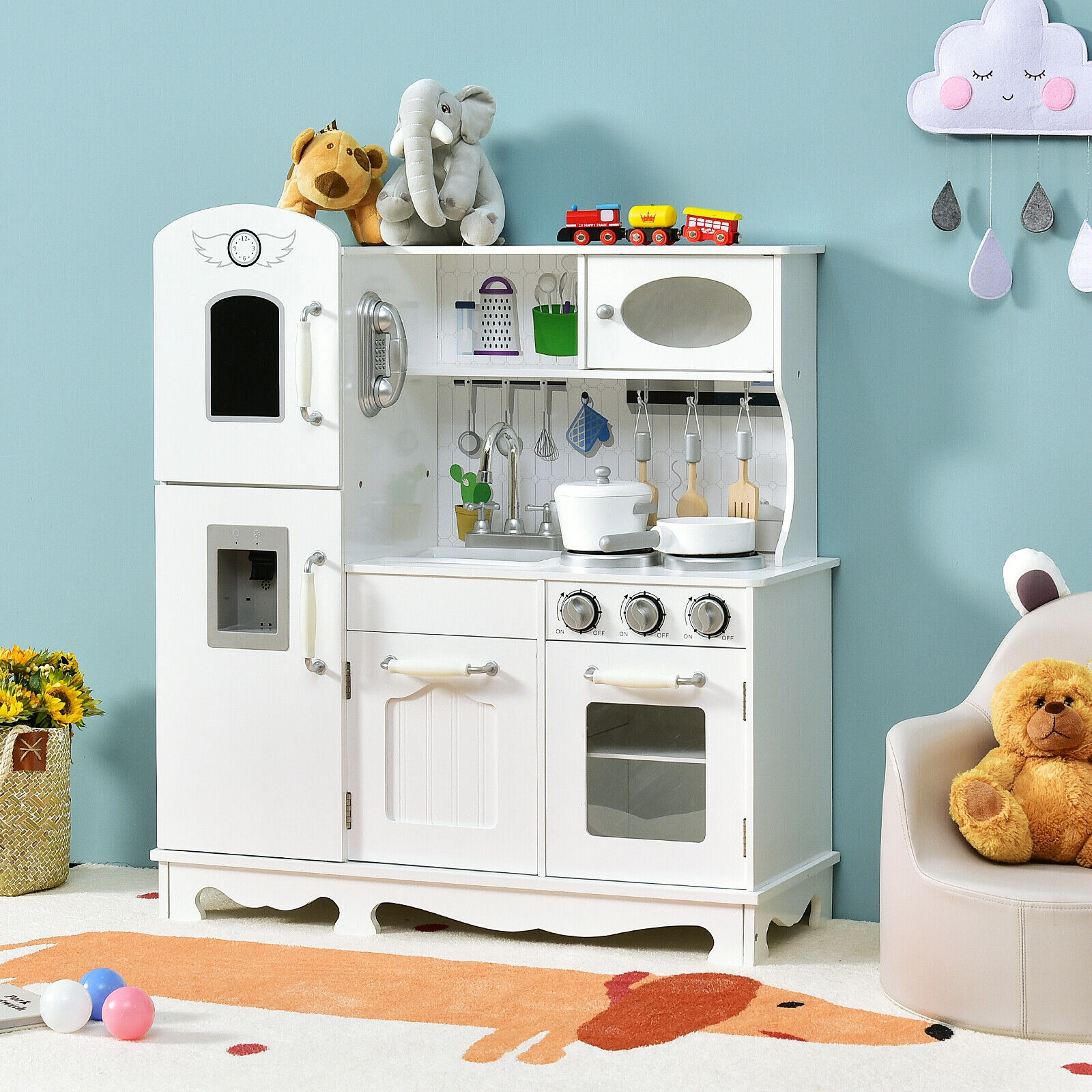 Kids Play Kitchen Water Dispenser Removable Sink Snap-On Doors 31-in Wide Kitchen Toy Set for Two Children Ages 3+ White