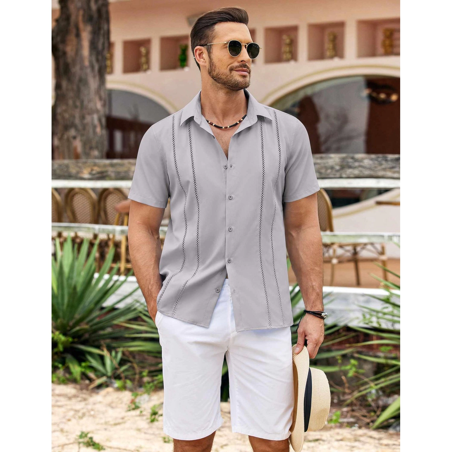 COOFANDY Mens Short Sleeve Hawaiian Shirt Palm Leaf Print Button Up Casual Tops