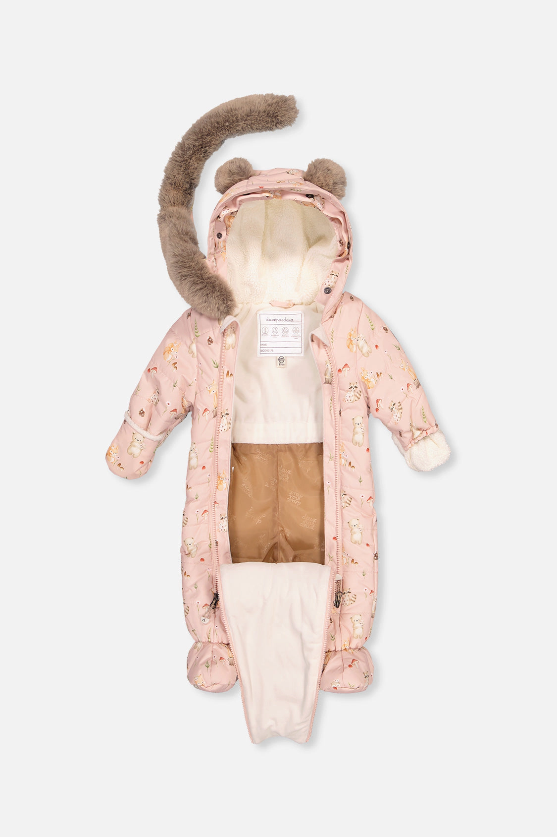 Deux par Girls Animal Print One Piece Snowsuit Adapted for Car Seats with Bear-Ear Hood