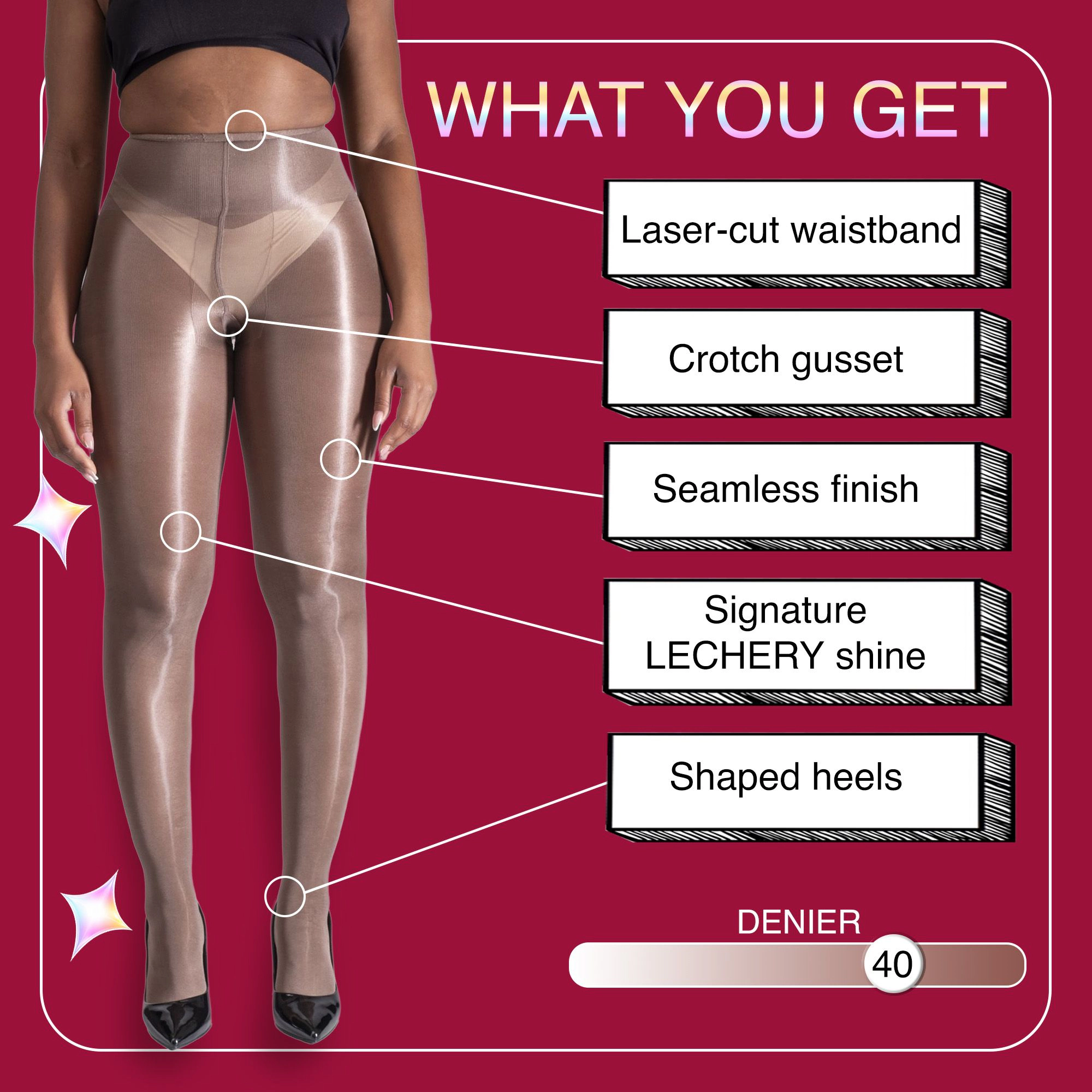 LECHERY Women's Semi-Opaque Tights Lustrous Silky Shiny 40 Denier High Waist Stocking Panty Hose Nylons