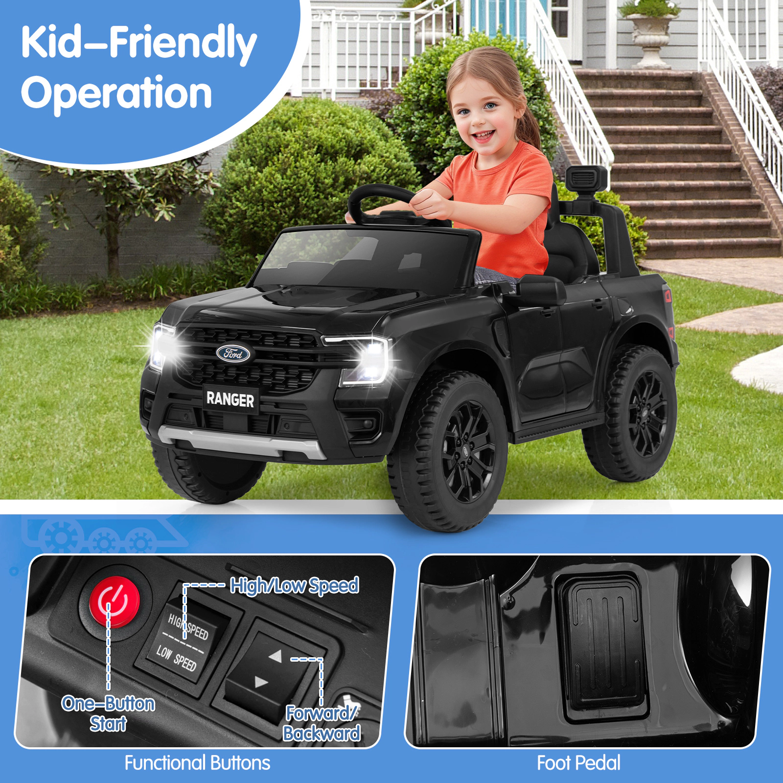 Hivvago 12V Electric Kids Ride on Car Licensed Ford Ranger with Remote Control and Music-Black