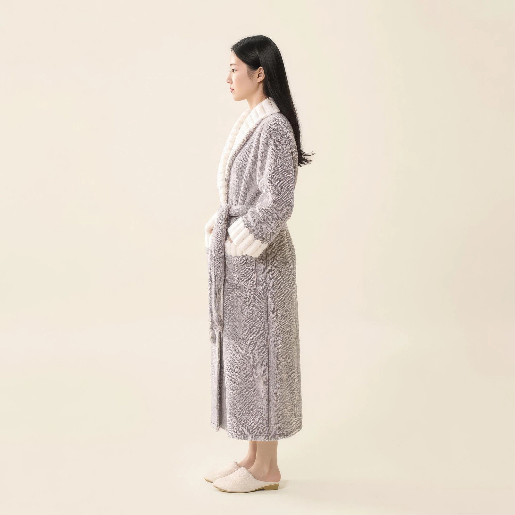 Anna-Kaci Women's Plush Long Robe with Contrast Trim Shawl Collar Tie Waist Belt Soft Warm Full Length Bathrobe
