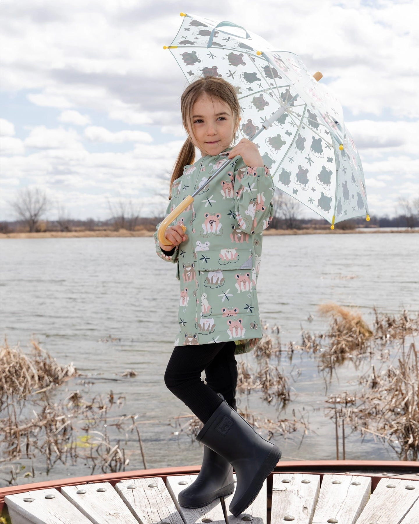 Deux par Deux Girls Rain Jacket In Polyurethane Frog Print