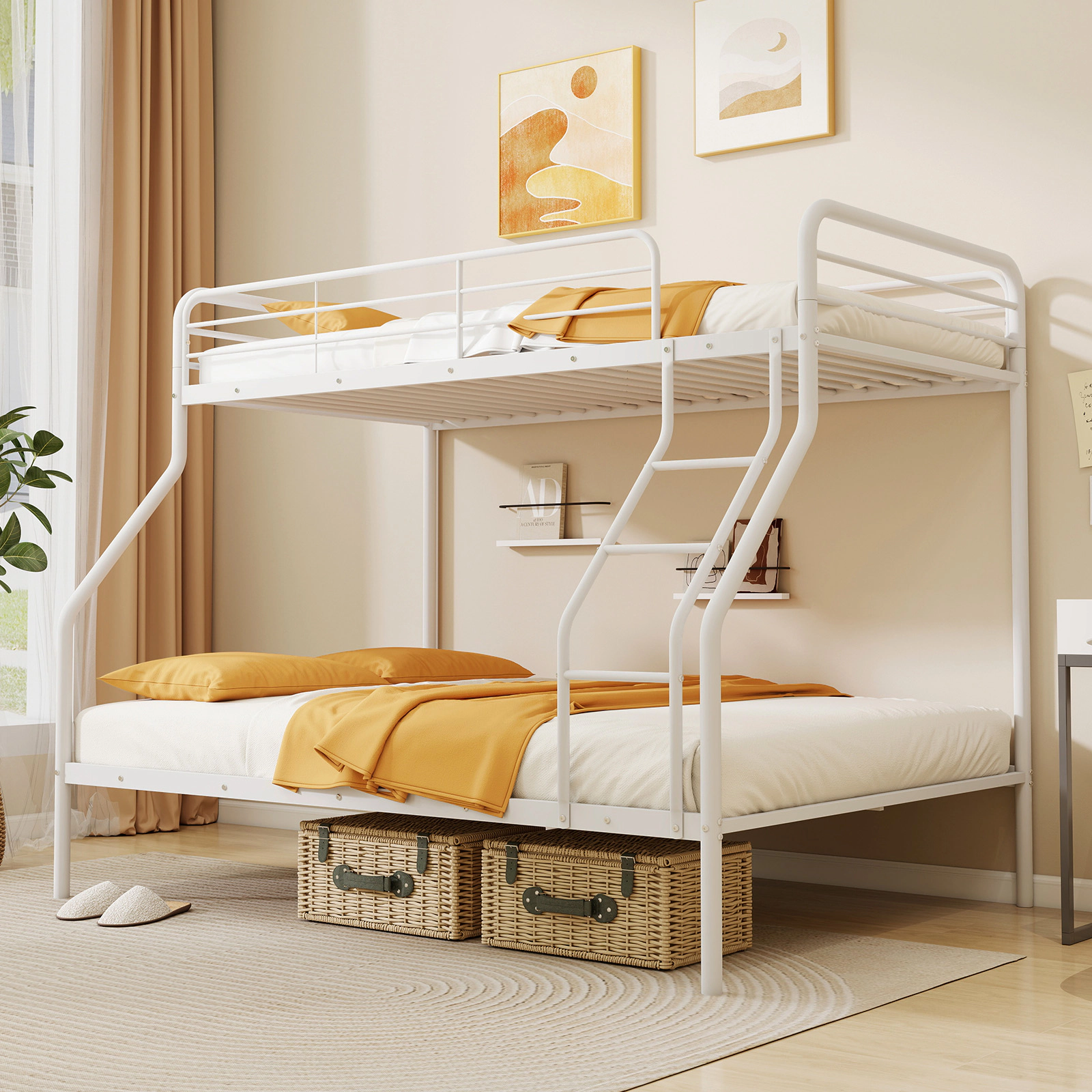 SUGIFT White Ladder and Full-Length Guardrails Twin Over Full Teens Metal Bunk Bed