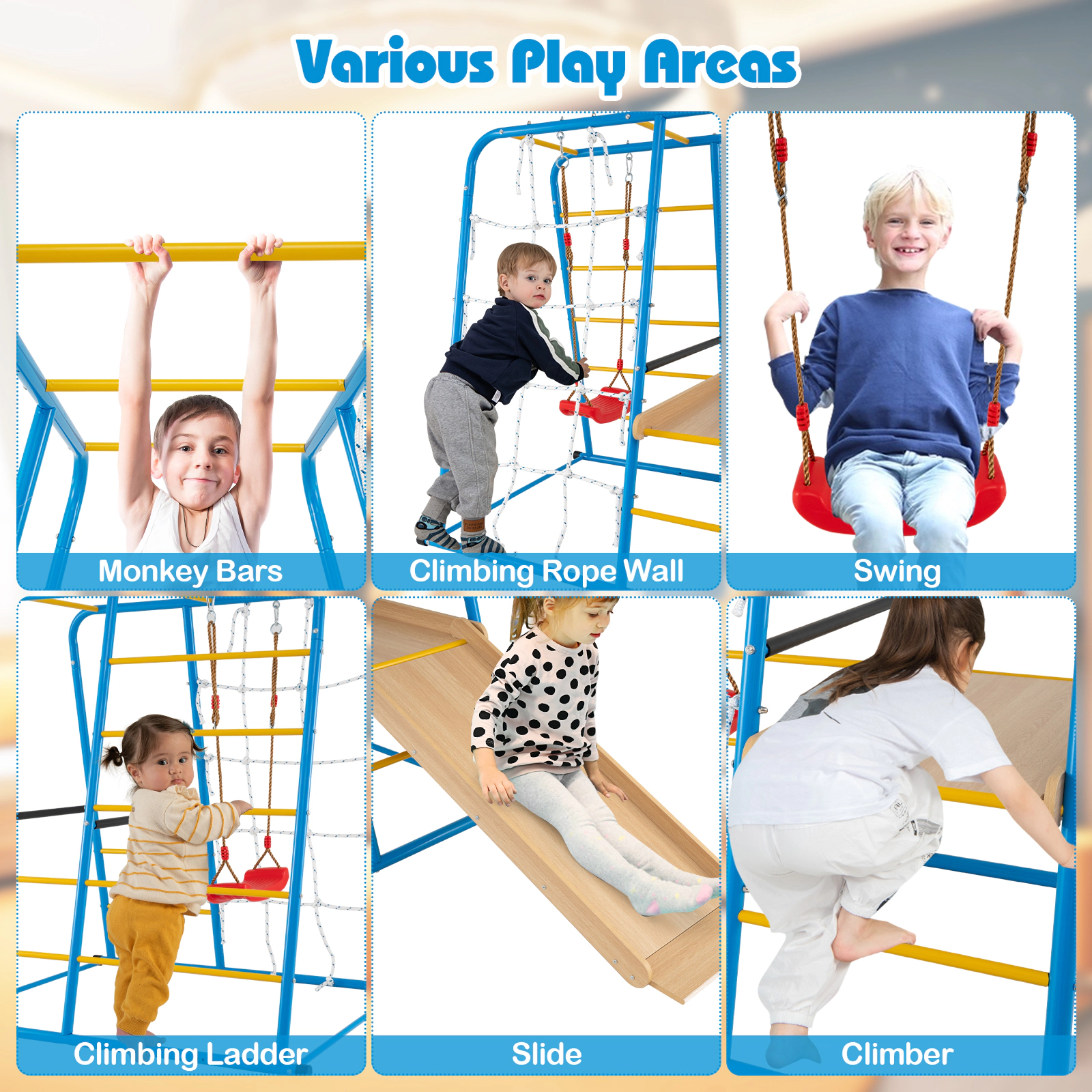 LJG 6-in-1 Indoor Jungle Gym with Slide for Boys and Girls 3+ Years Old