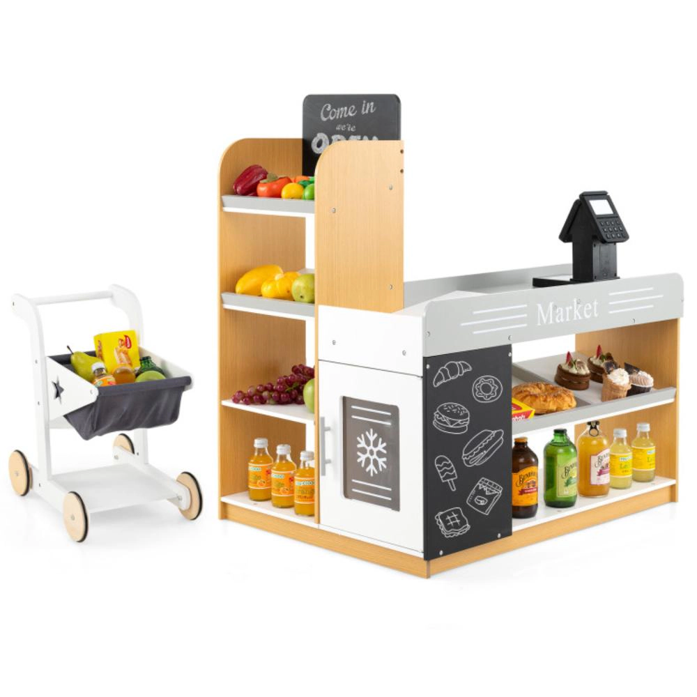 Hivvago Pretend Play Grocery Store Set with Shopping Cart and 2 Chalkboards-White