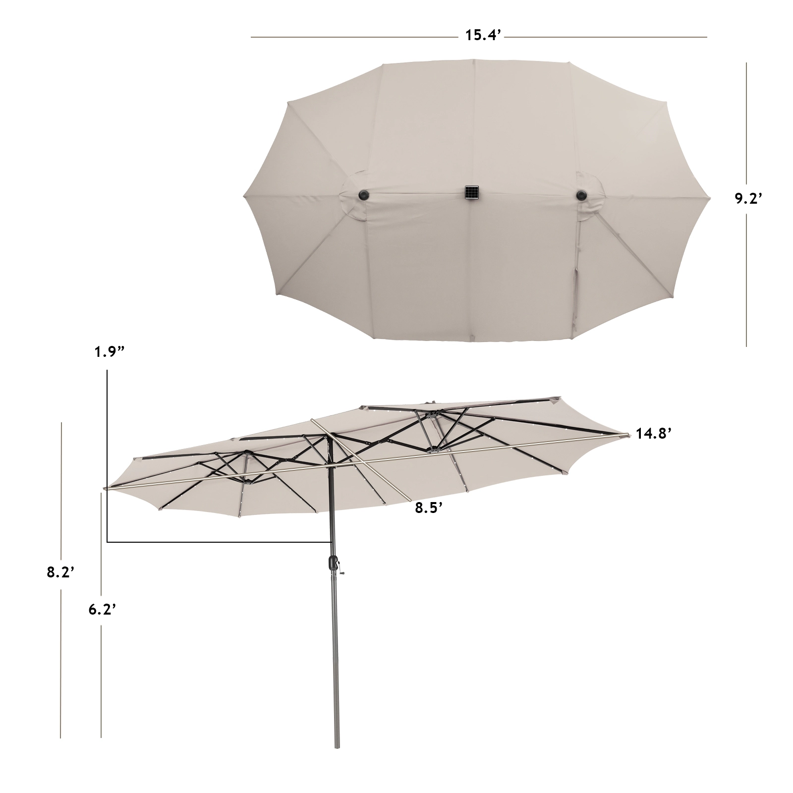 SUGIFT Double-Sided 15-Ft Twin Patio Umbrella with 48 Solar LED Lights Hand-Crank Steel Pole 15.4 x 9.2 x 8 in Beige