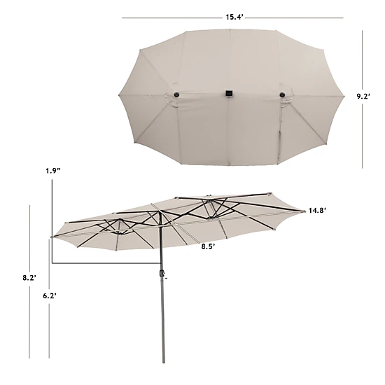 SUGIFT Double-Sided 15-Ft Twin Patio Umbrella with 48 Solar LED Lights Hand-Crank Steel Pole 15.4 x 9.2 x 8 in Beige