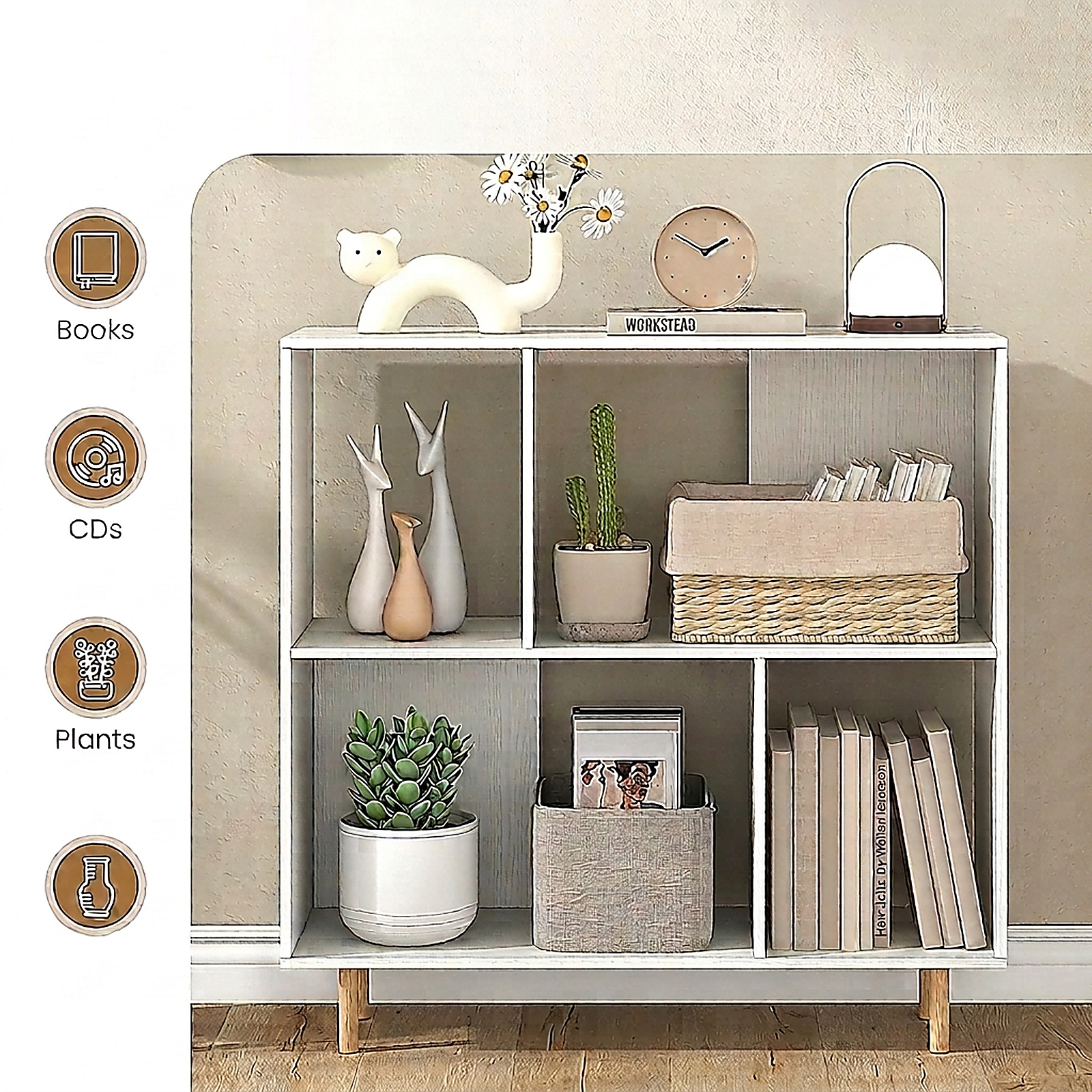 SUGIFT White Open Shelf Bookcase with 4 Compartments and Raised Metal Legs
