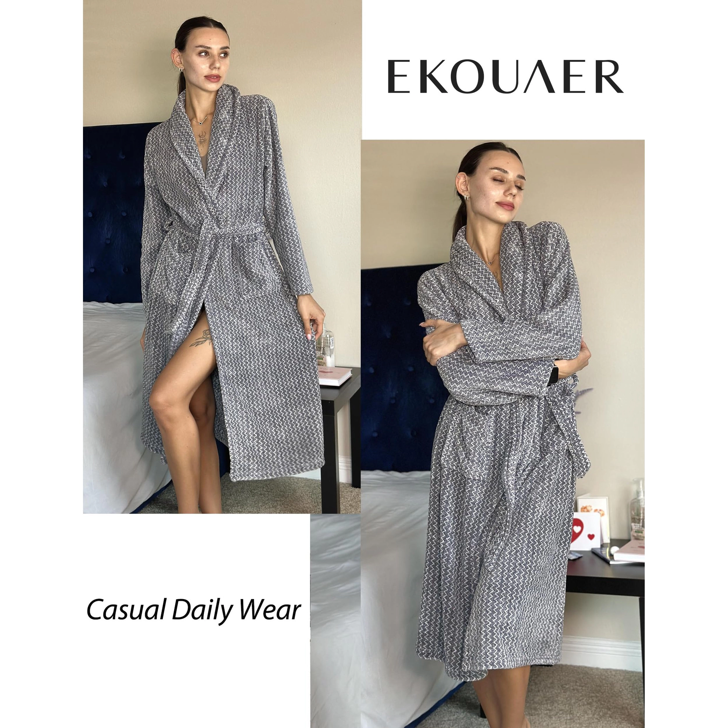 Ekouaer Womens Plush Fleece Long Bathrobe Soft Warm Robes Towel with Shawl Collar