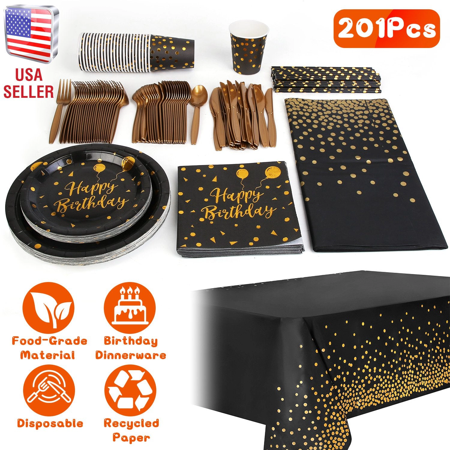 GBruno Black Gold Birthday Party Supplies Set