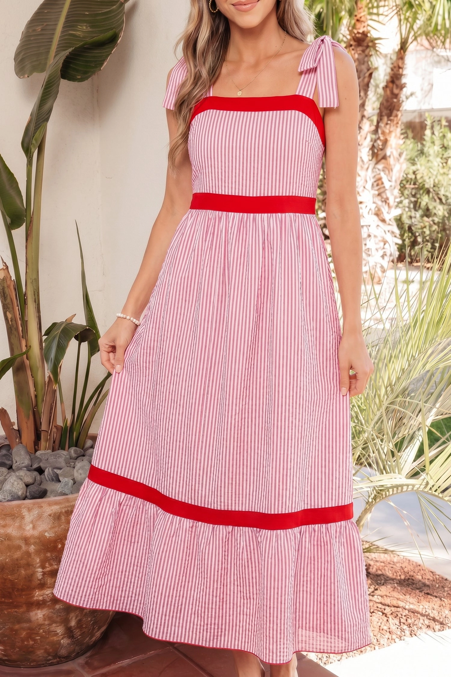 Threaded Pear Rose Ruffle Hem Maxi Dress