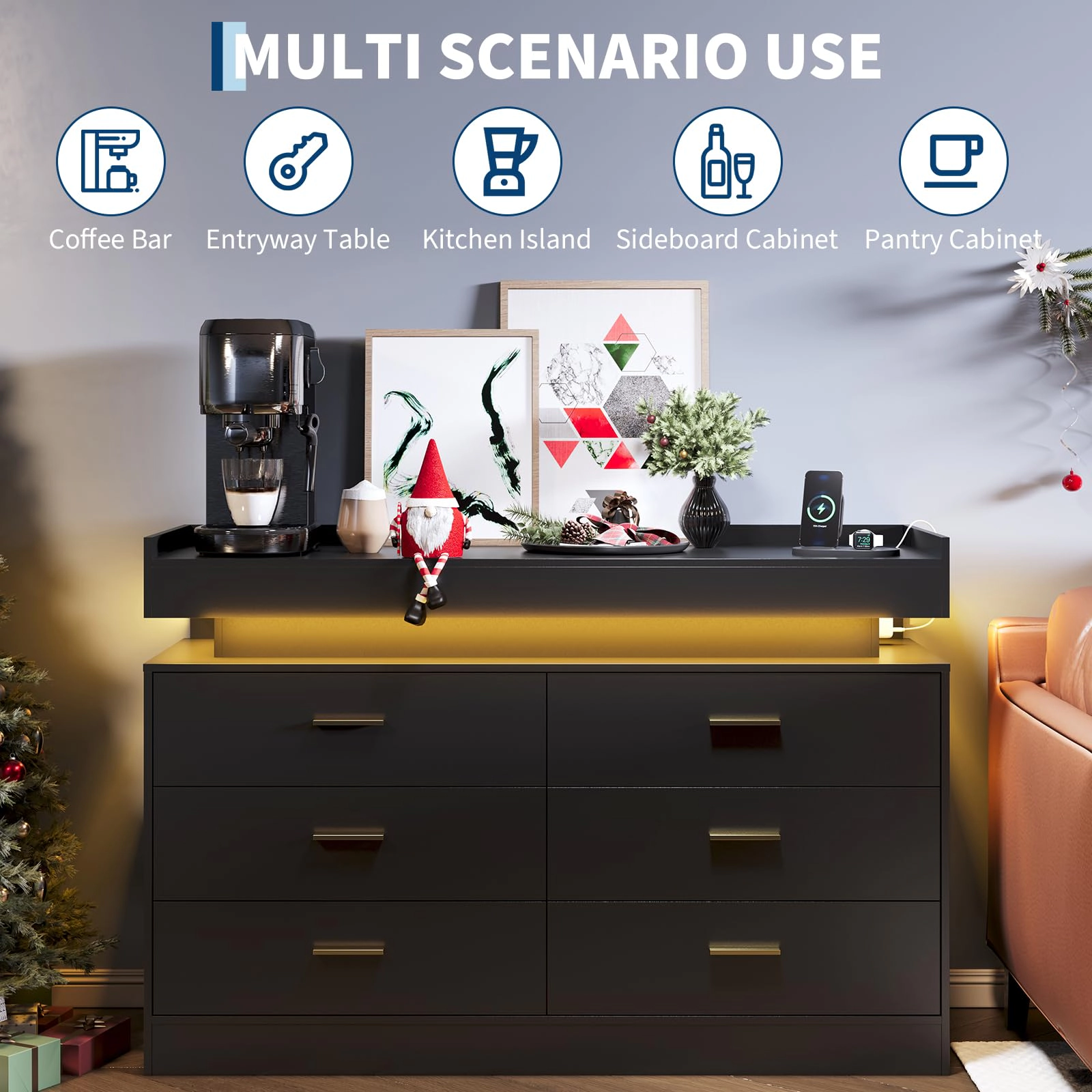 Modern TV Stand Dresser with LED Lights & Charging Station, Floating Top Sideboard Cabinet 6 Drawers