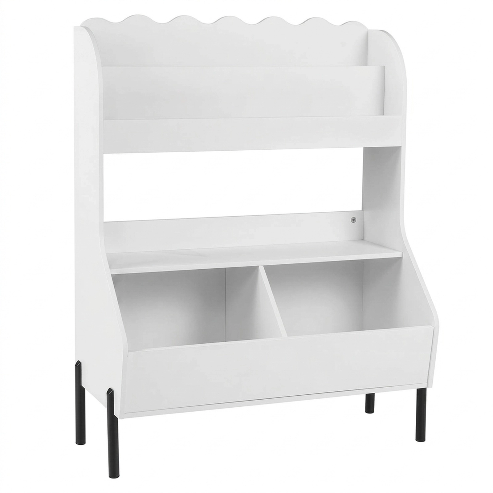 SUGIFT Kids 2-Tier Book Display Open Shelf 2 Storage Bins Metal Legs Wooden Bookshelf 31.5-in x 16-in x 41.5-in White