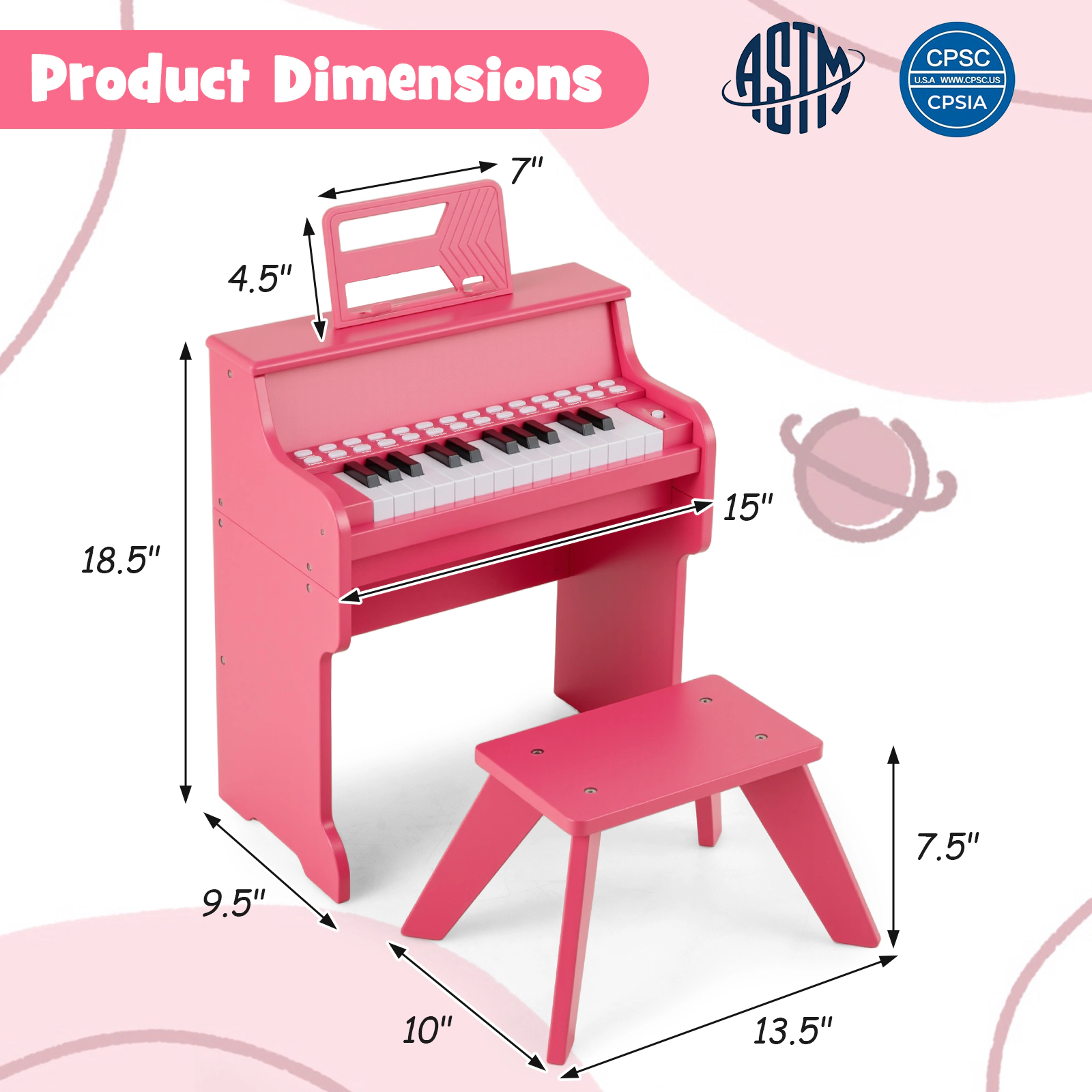 SUGIFT 25-Key Kids Piano Keyboard with Record and Playback Mini Digital Piano with Stool 15-in Wide 3+ Years Pink