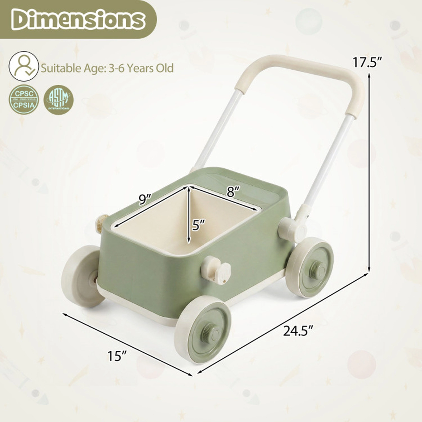 SUGIFT Baby Push Walker Wagon with Foldable Handlebar and Storage Basket Ages 3-6 Years Green